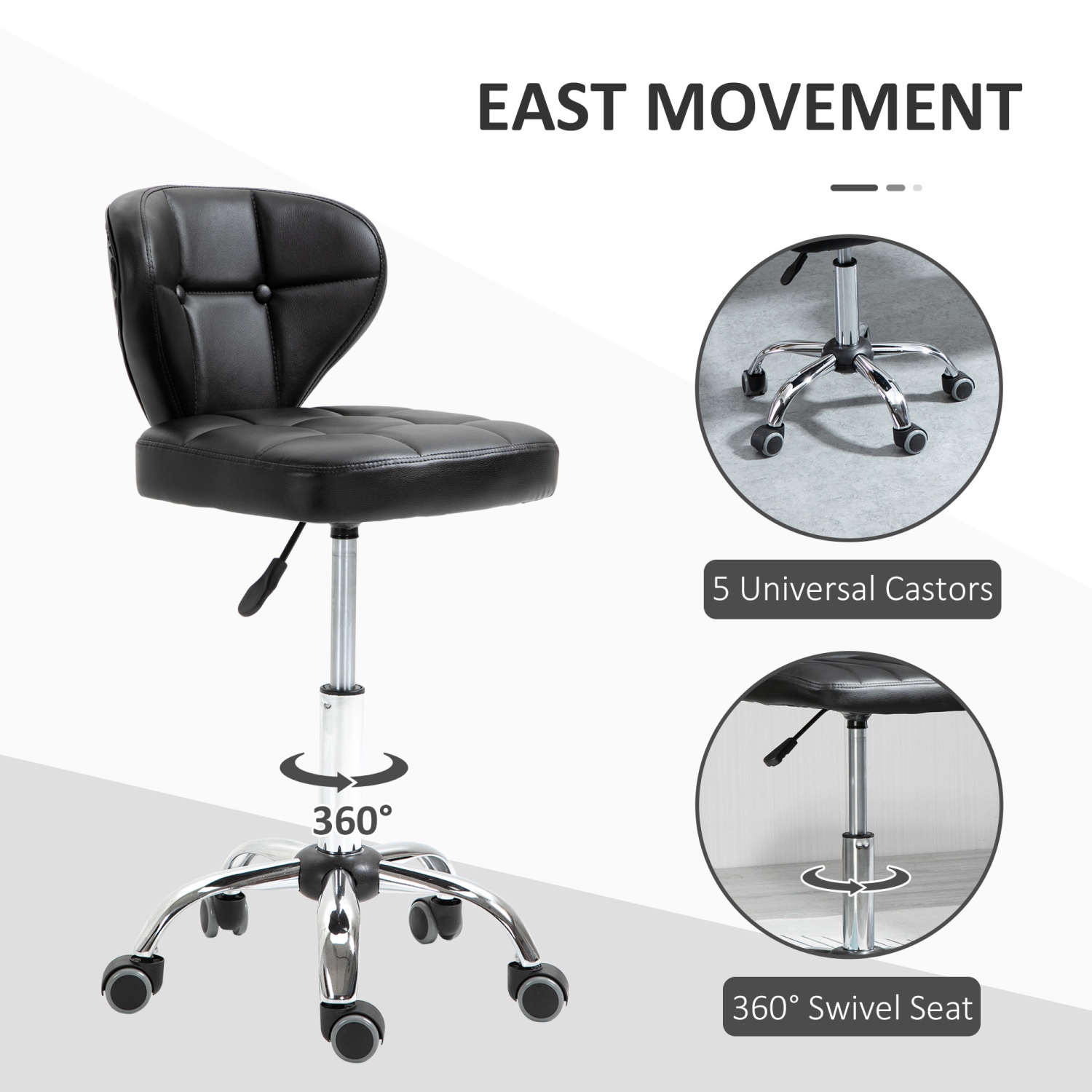 HOMCOM Vanity Chair with Back, Small Armless Office Chair with Wheels, Comfy PU Leather Salon Stool with Adjustable Height, 360°Swivel for Beauty,