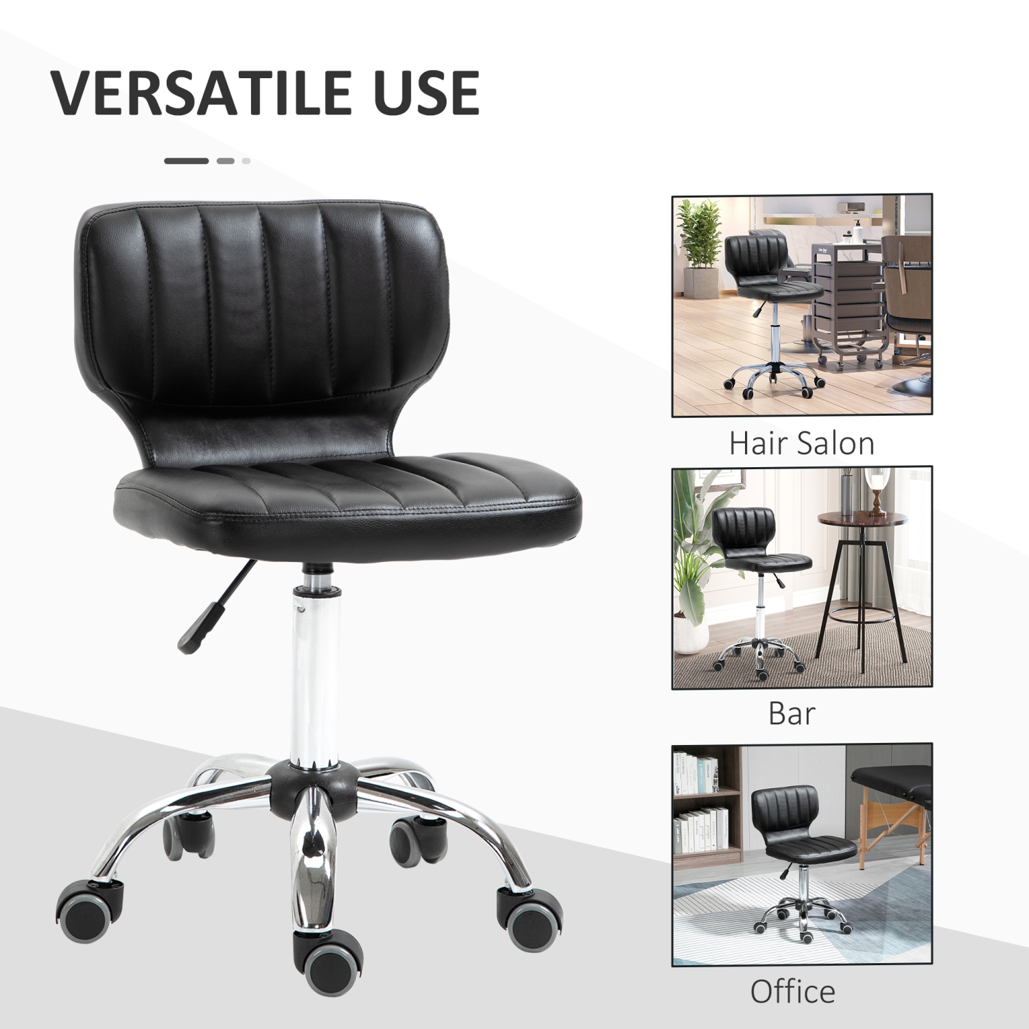 HOMCOM Vanity Chair with Back, Small Armless Office Chair with Wheels, Comfy PU Leather Salon Stool with Adjustable Height, 360°Swivel for Beauty,