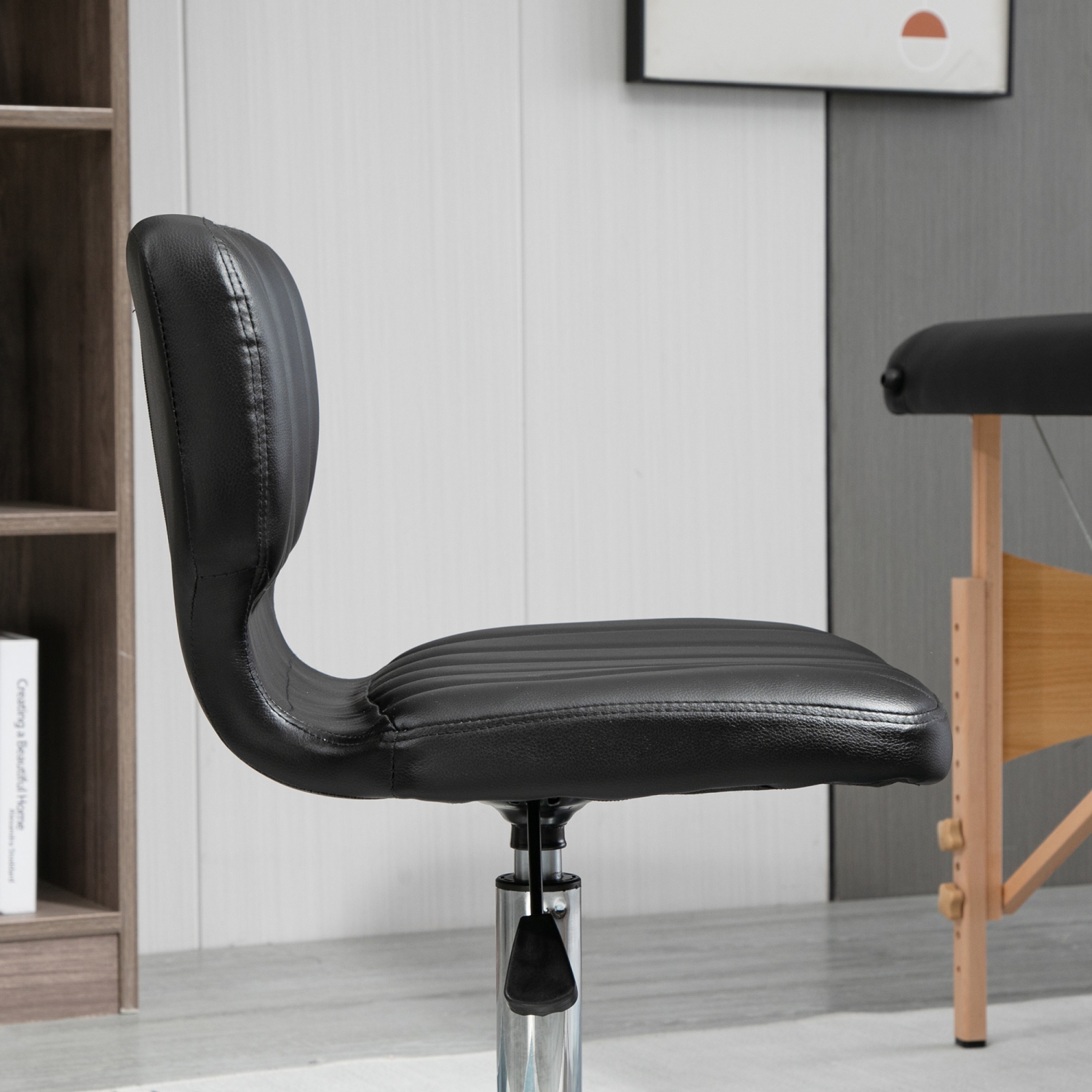 HOMCOM Vanity Chair with Back, Small Armless Office Chair with Wheels, Comfy PU Leather Salon Stool with Adjustable Height, 360°Swivel for Beauty,