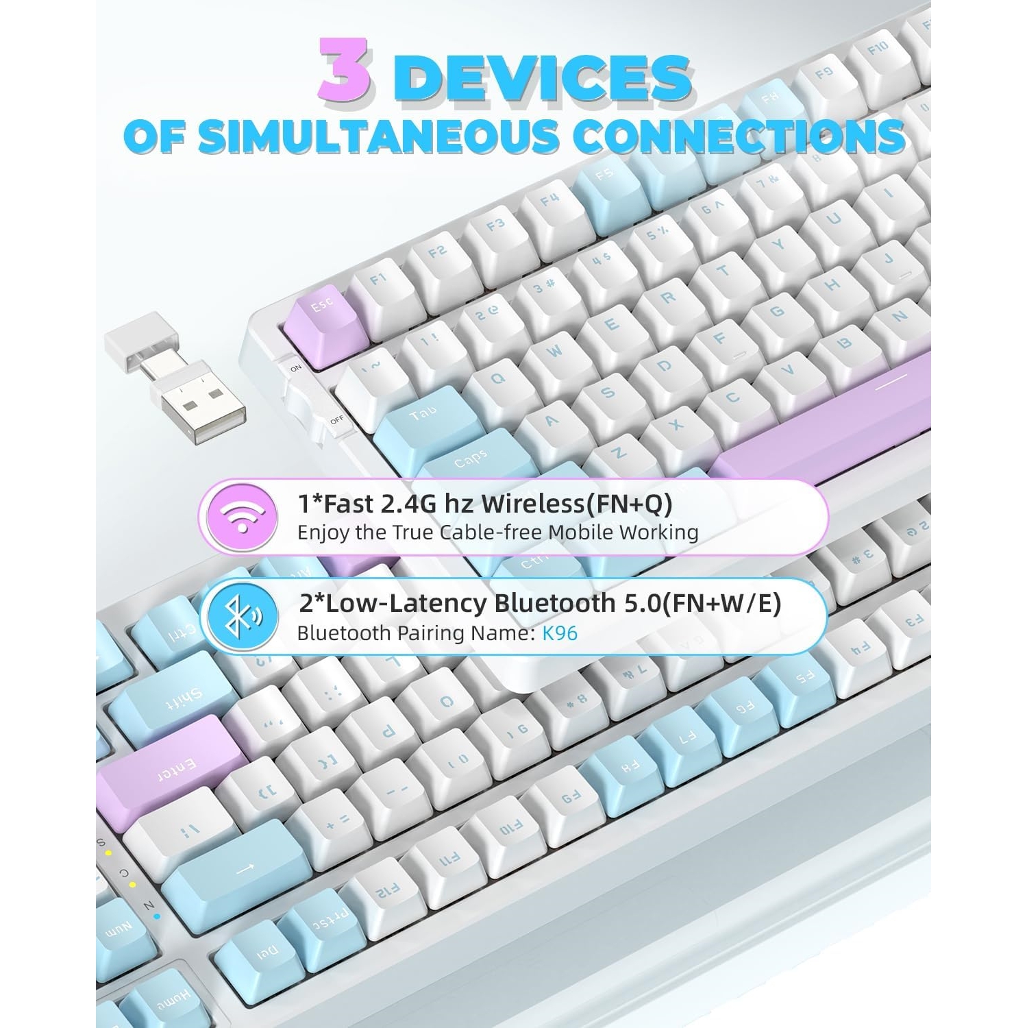 Wireless Mechanical Keyboard, Dual Mode 2.4G/BT5.0 2-in-1 Receiver, 100 Keys Hot Swappable Red Switches Gaming Keyboard with Number Pad for PC