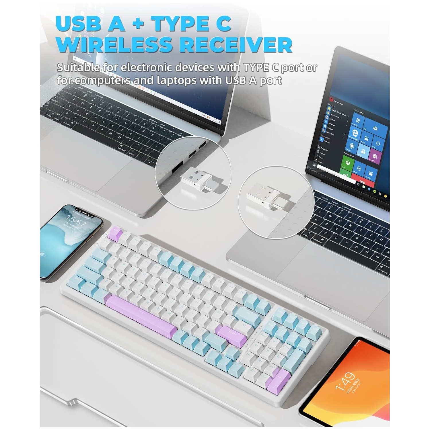 Wireless Mechanical Keyboard, Dual Mode 2.4G/BT5.0 2-in-1 Receiver, 100 Keys Hot Swappable Red Switches Gaming Keyboard with Number Pad for PC