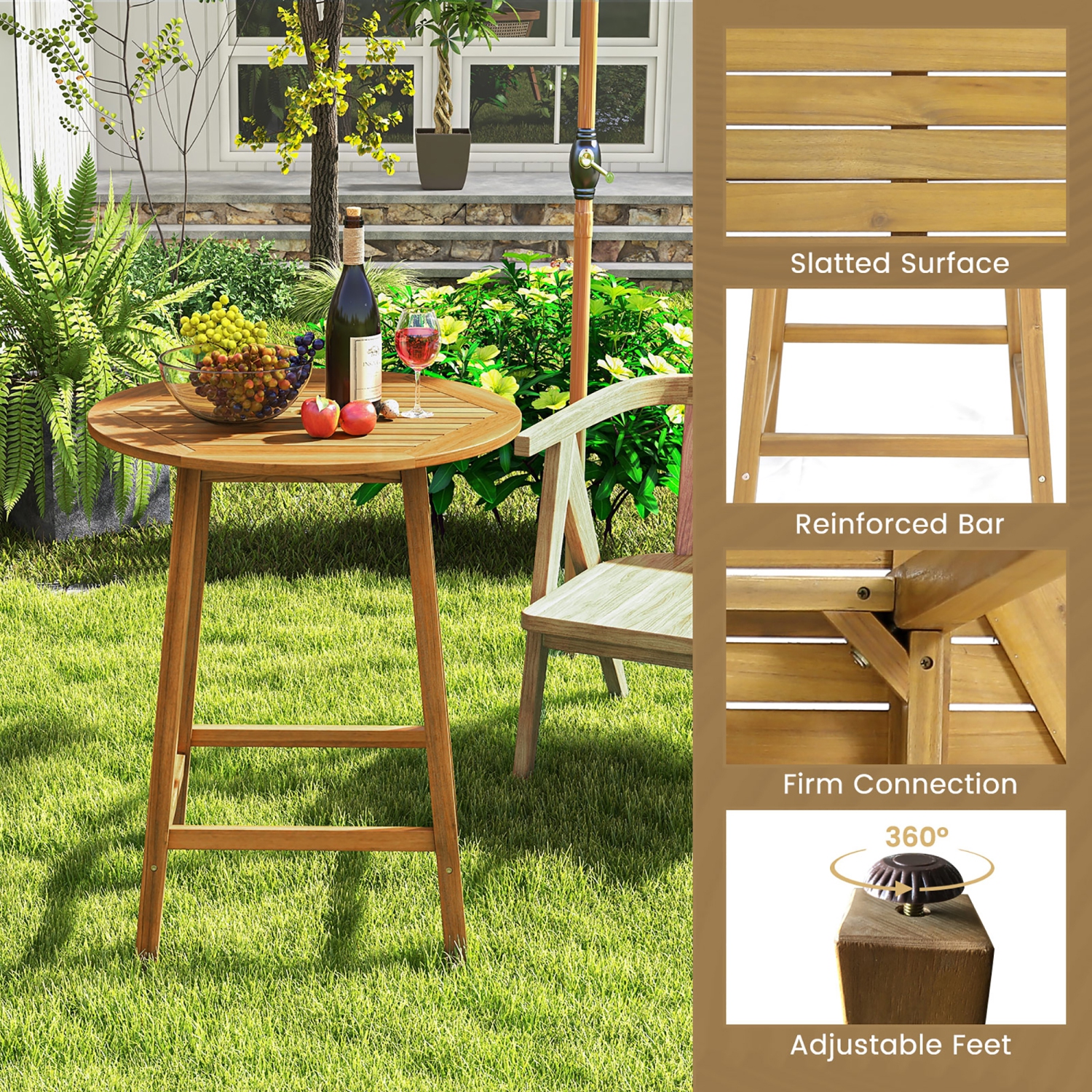 Gymax 31.5'' Patio Round Bar Table Acacia Wood W/Umbrella Hole Indoors Outdoors Natural