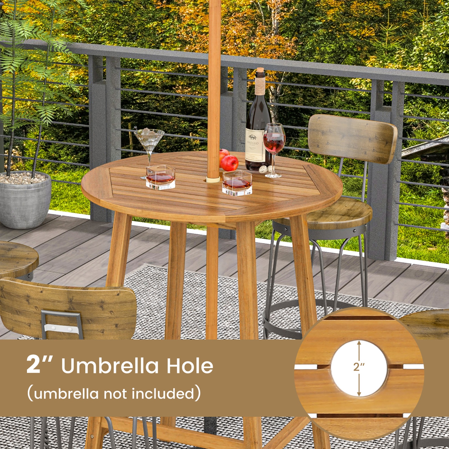Gymax 31.5'' Patio Round Bar Table Acacia Wood W/Umbrella Hole Indoors Outdoors Natural