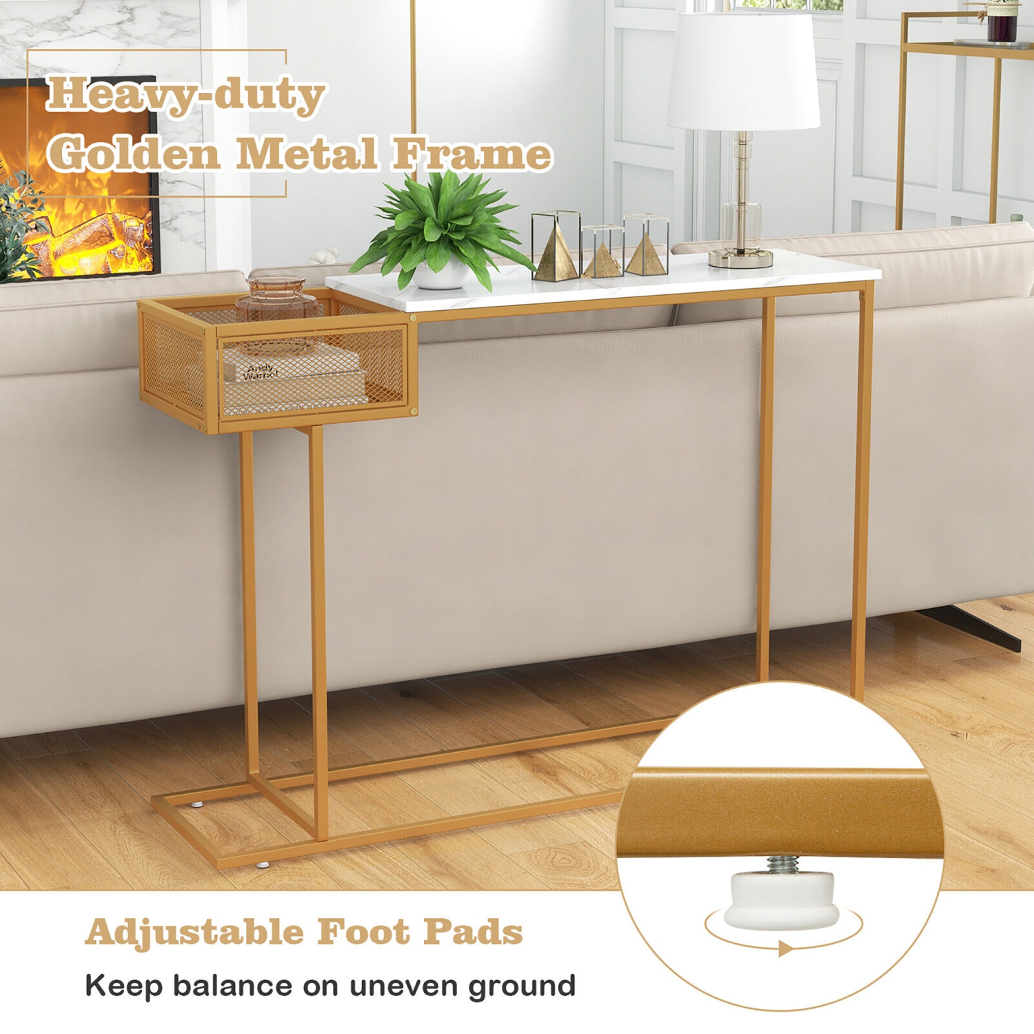 Gymax Console Table Faux Narrow Marble Entryway Sofa Table with Storage Wire Basket