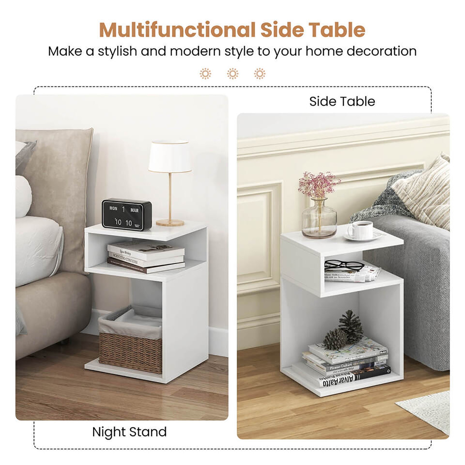 Gymax S-Shaped Side Table for Small Space Morden End Table w/S-Shaped Frame White