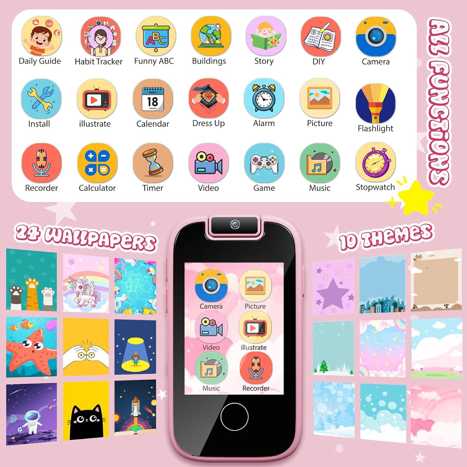 Téléphone intelligent jouet pour enfants – écran tactile de 2,8&nbsp;po, deux caméras, MP3, 13 jeux de casse-tête, moniteur d'habitudes – cadeau