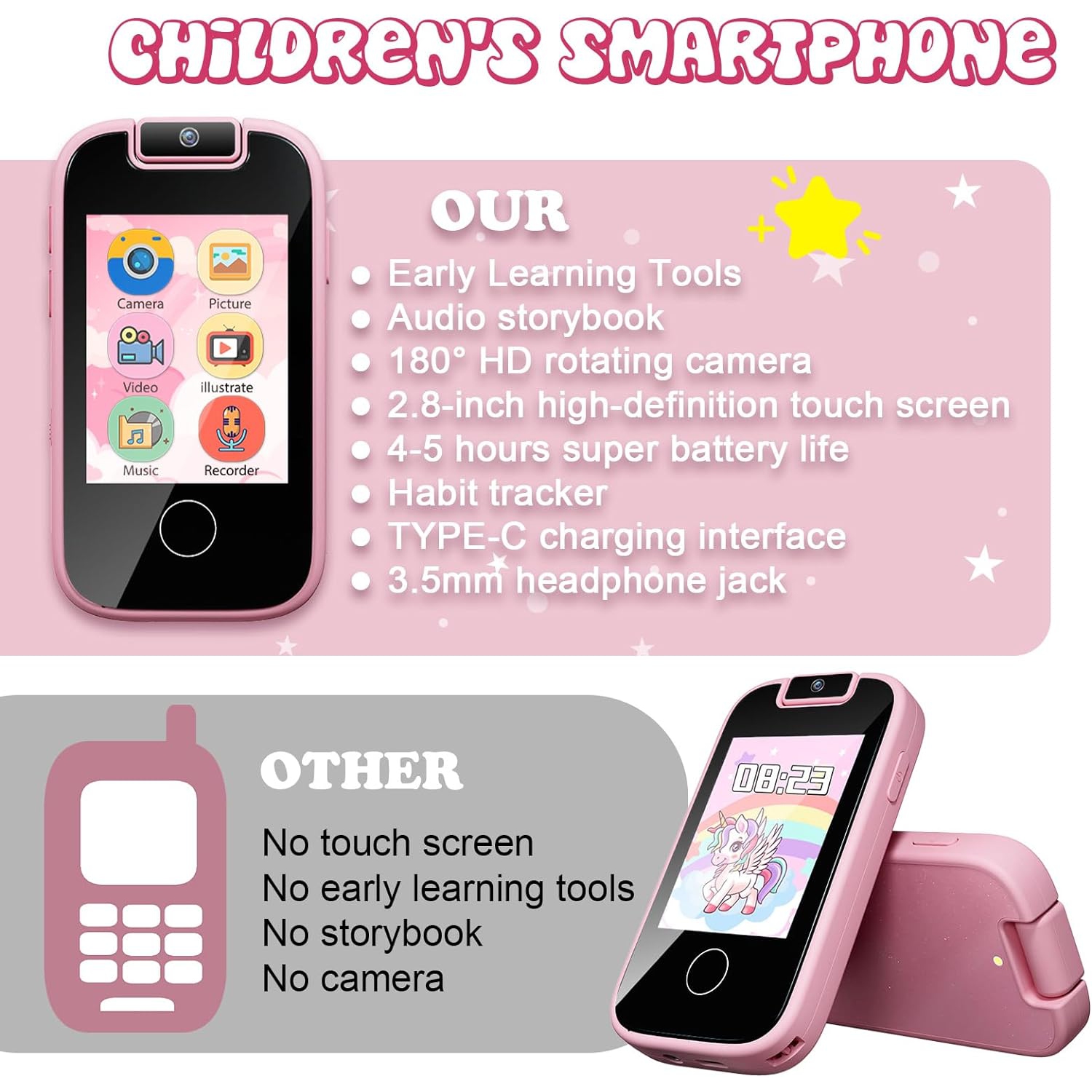 Téléphone intelligent jouet pour enfants – écran tactile de 2,8&nbsp;po, deux caméras, MP3, 13 jeux de casse-tête, moniteur d'habitudes – cadeau