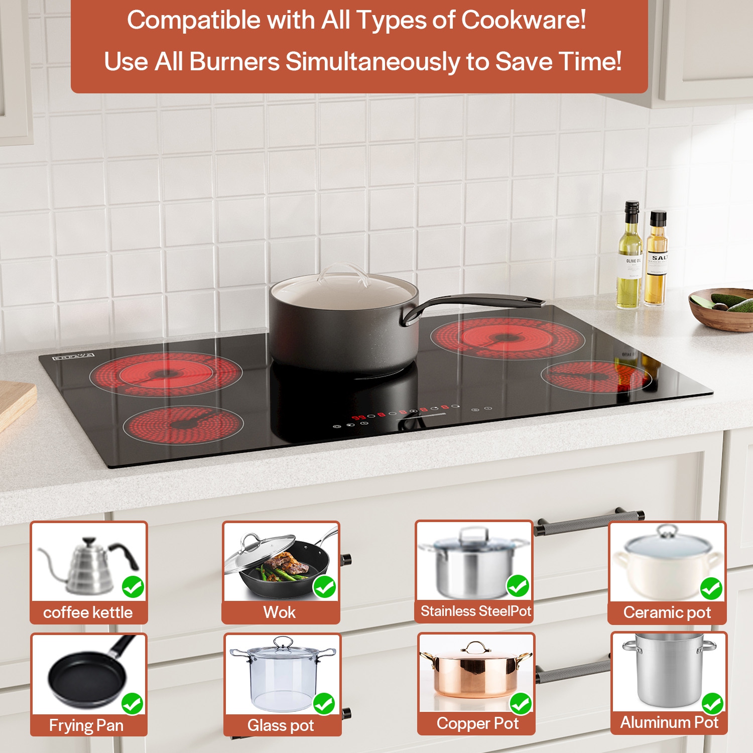 Surface de cuisson électrique à éléments radiants de 36 po Empava avec 5 brûleurs, surface lisse en verre à 9 niveaux de chauffage, EMPV-36REC14 noir