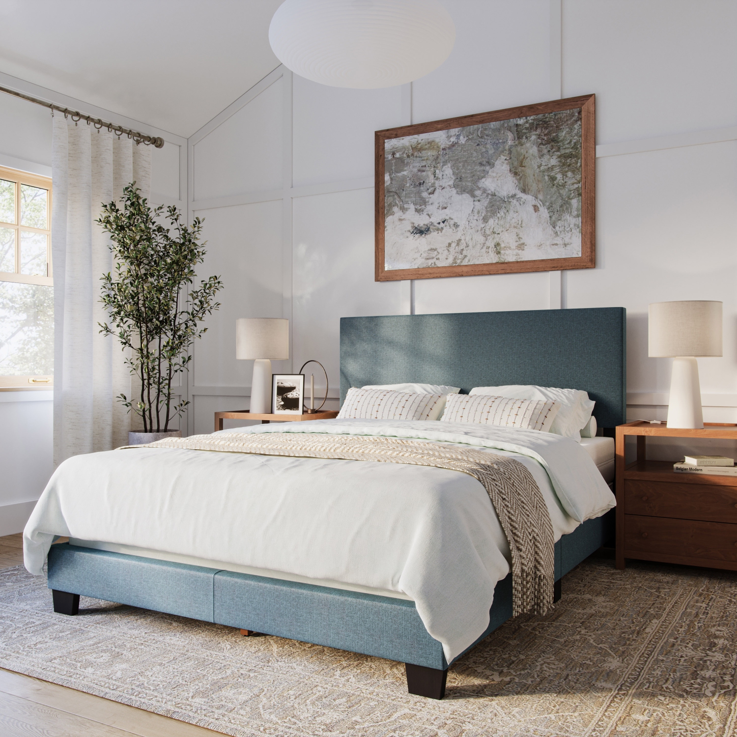 Amber & Emily Luna Modern Fabric Queen Bed in Blue