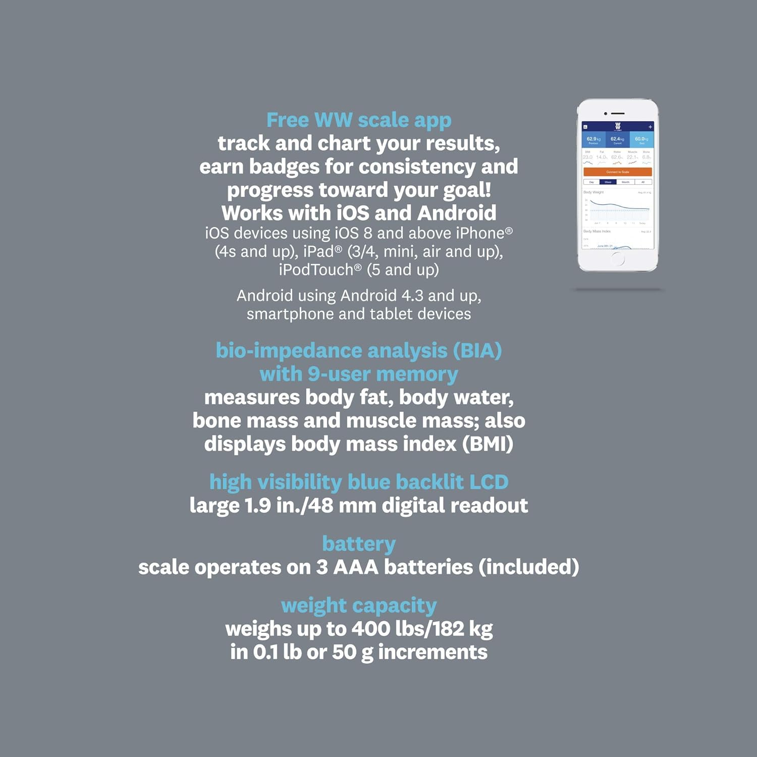 Weight Watcher - pèse-personne numérique avec analyse corporelle, Bluetooth, capacité maximale de 180&nbsp;kg