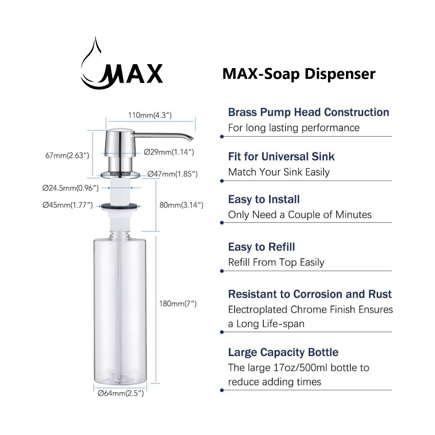 MAX Faucets distributeur de savon et de lotion fini chromé