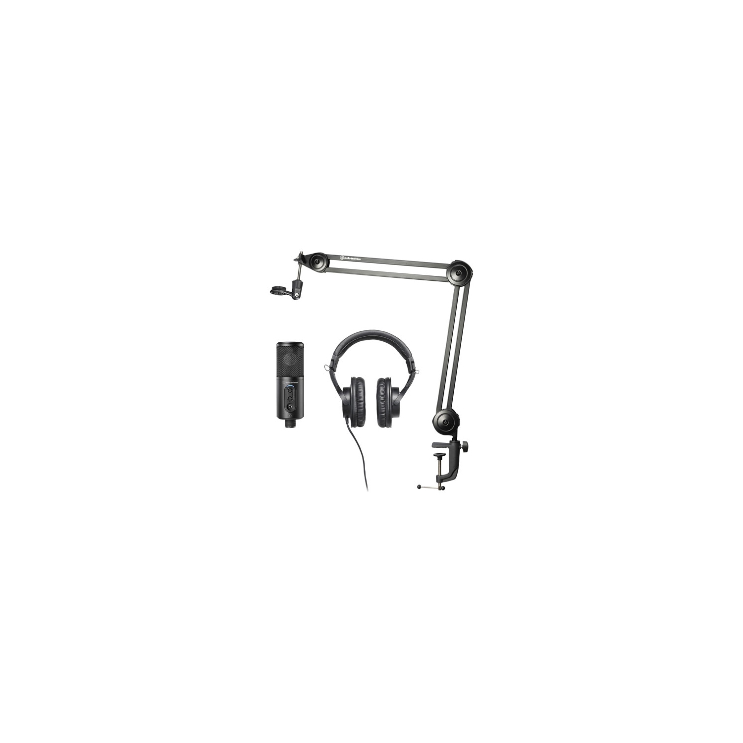 Microphone à condensateur cardioïde USB/XLR d'Audio-Technica, casque de contrôle, perche et trépied