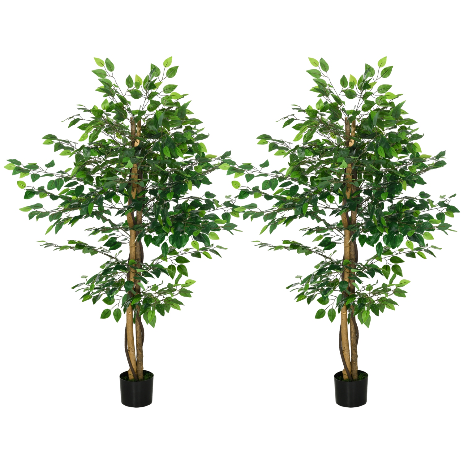 HOMCOM 5ft Set of 2 Artificial Ficus Tree with Pot, Indoor Outdoor Fake Plants for Home Office Living Room Decor