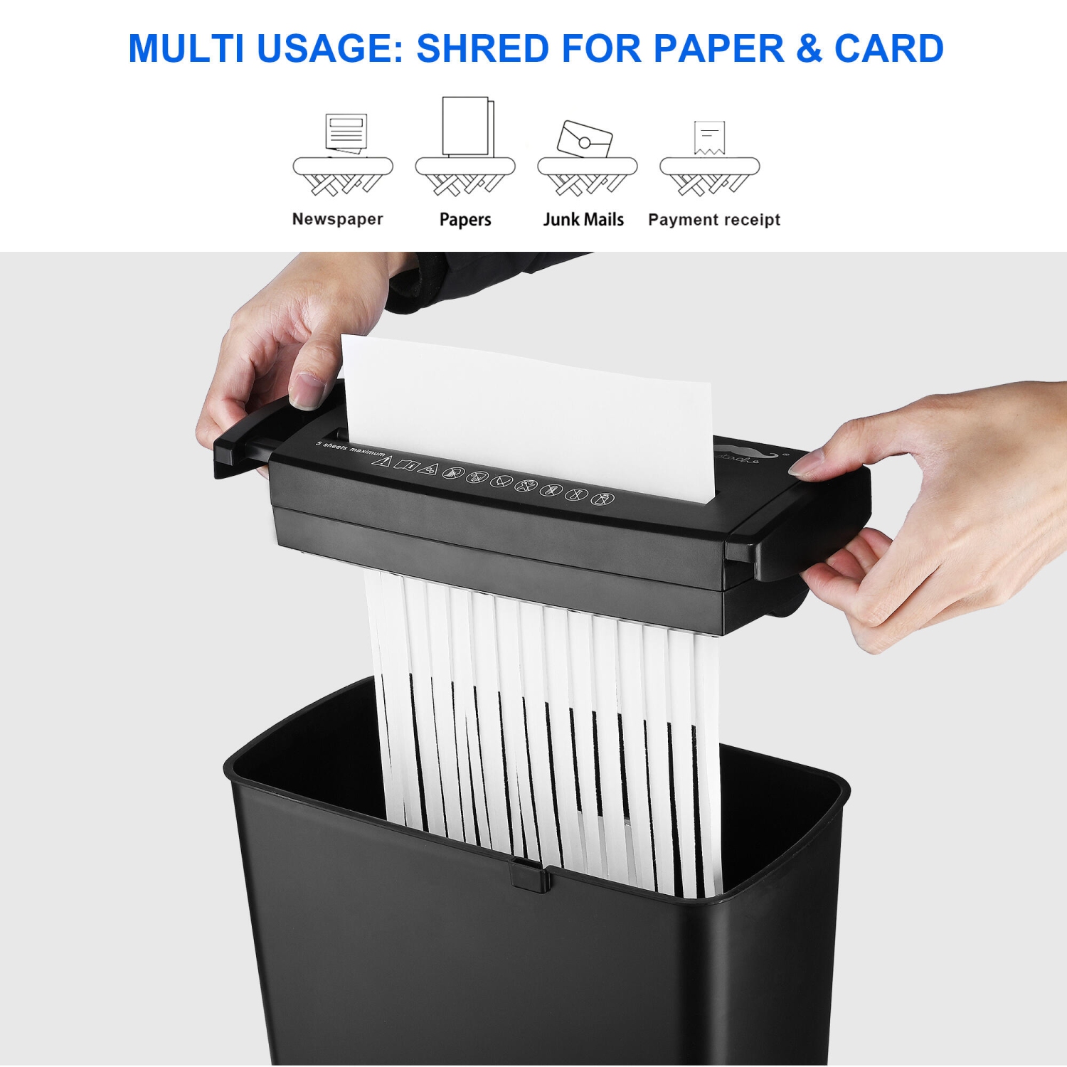 Déchiqueteuse à coupe en bandes de 5 feuilles avec bras extensible, carte de crédit CD Home Office Déchiqueteuse portative sans corbeille