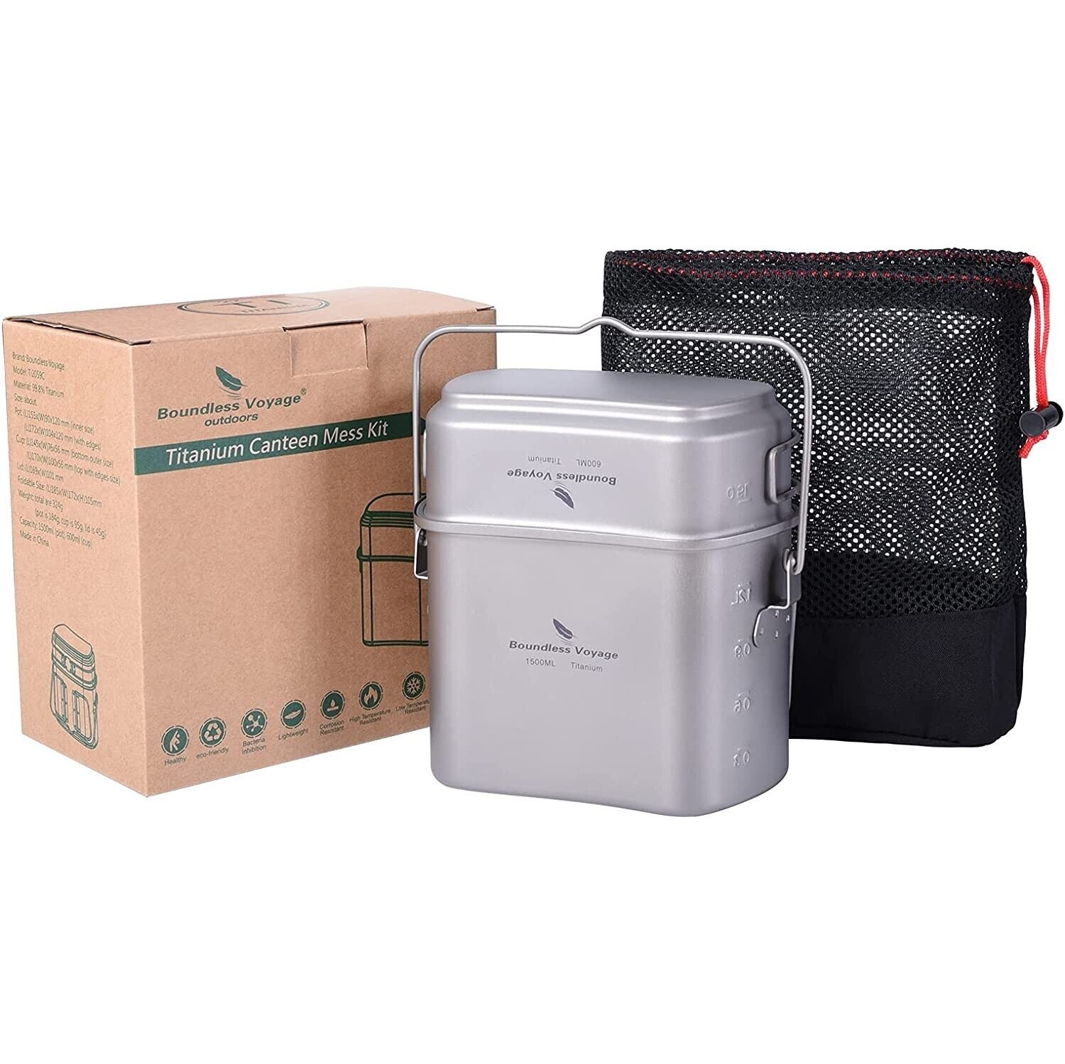 BATTERIE DE CUISINE EN titane de voyage sans limite | Trousse pour dégâts avec couvercle et poignées pliables pour gourde