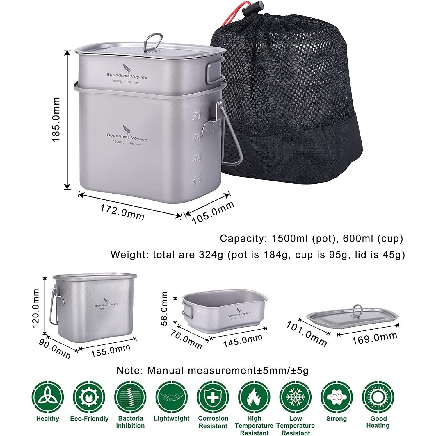 BATTERIE DE CUISINE EN titane de voyage sans limite | Trousse pour dégâts avec couvercle et poignées pliables pour gourde