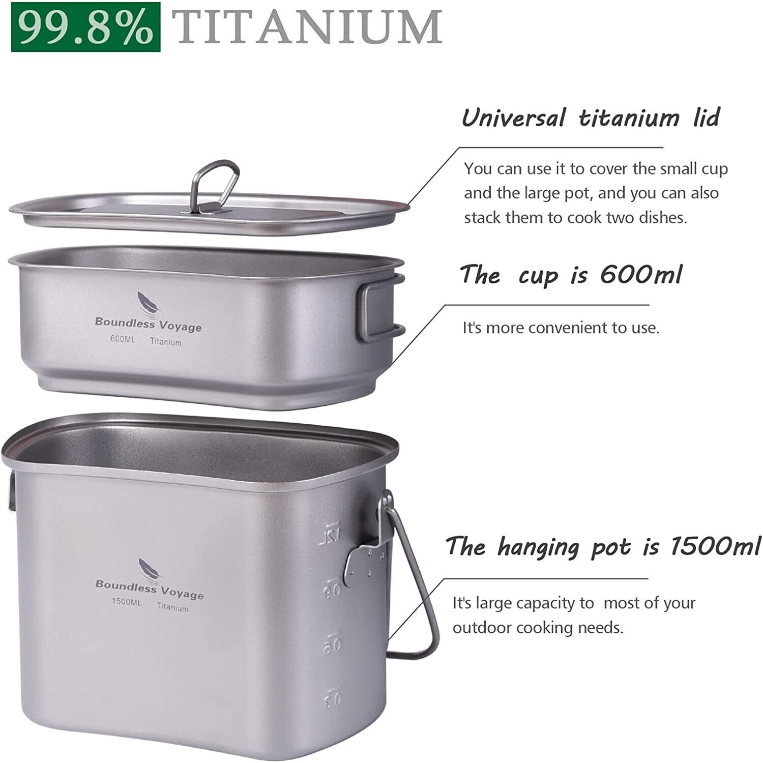 BATTERIE DE CUISINE EN titane de voyage sans limite | Trousse pour dégâts avec couvercle et poignées pliables pour gourde