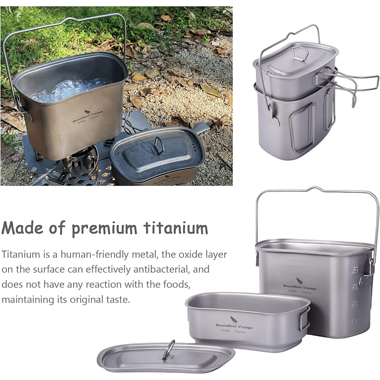 BATTERIE DE CUISINE EN titane de voyage sans limite | Trousse pour dégâts avec couvercle et poignées pliables pour gourde