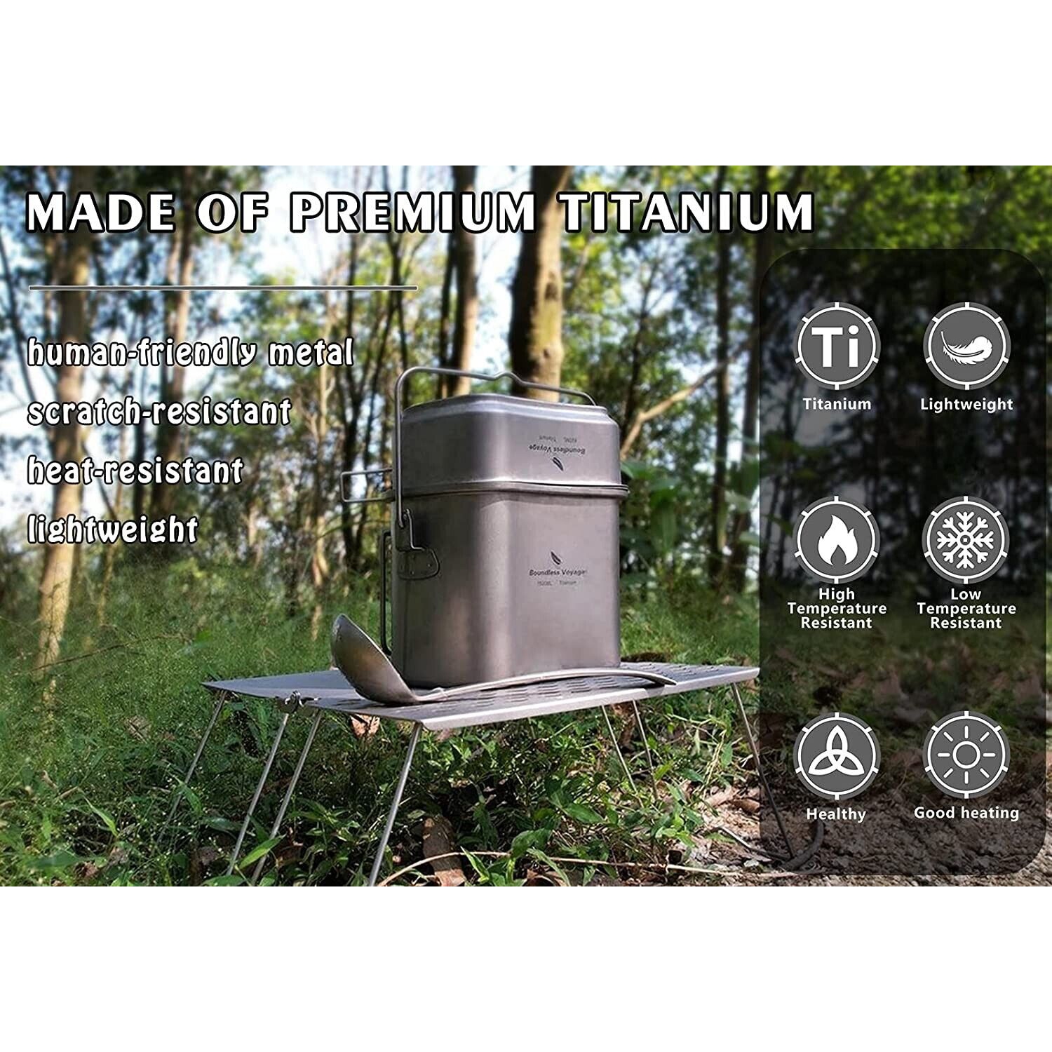 BATTERIE DE CUISINE EN titane de voyage sans limite | Trousse pour dégâts avec couvercle et poignées pliables pour gourde