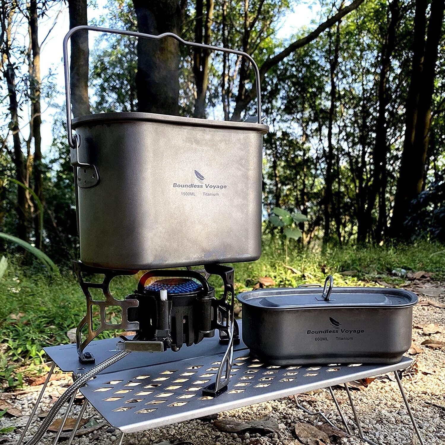 BATTERIE DE CUISINE EN titane de voyage sans limite | Trousse pour dégâts avec couvercle et poignées pliables pour gourde