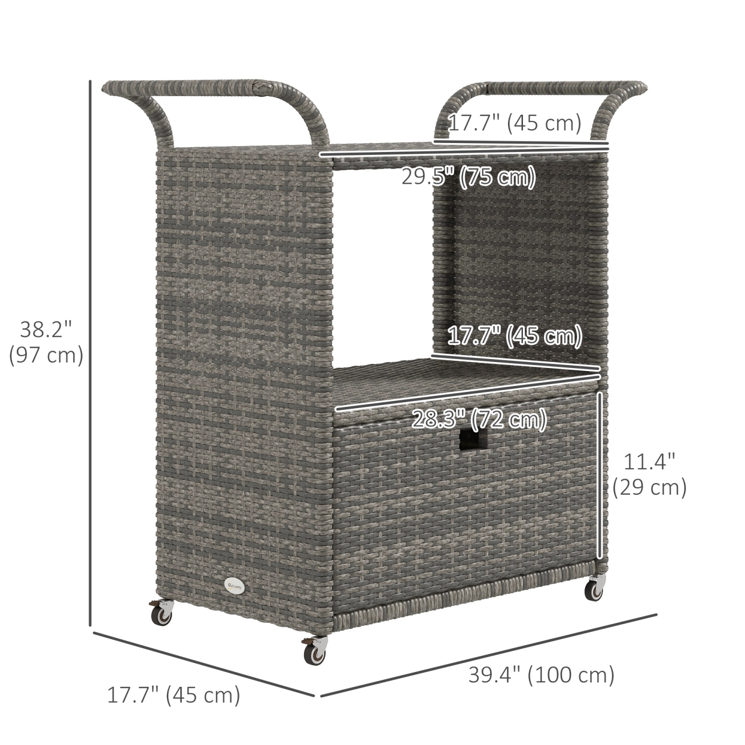 Outsunny Patio PE Wicker Garden Serving Cart with 2-Tier Shelf, Outdoor Wheeled Rattan Food Cart with Drawer, Handles, for Poolside, Garden, Mixed
