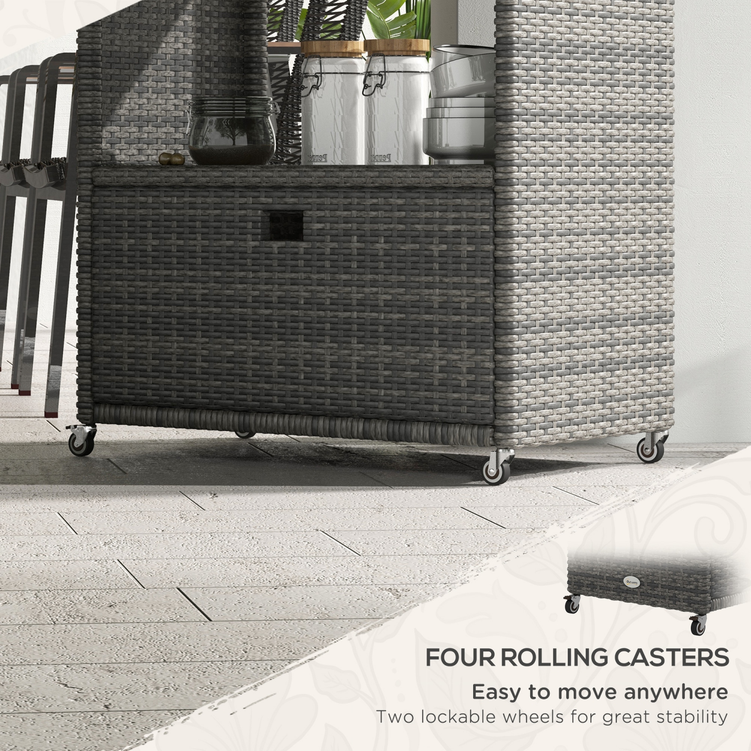 Outsunny Patio PE Wicker Garden Serving Cart with 2-Tier Shelf, Outdoor Wheeled Rattan Food Cart with Drawer, Handles, for Poolside, Garden, Mixed