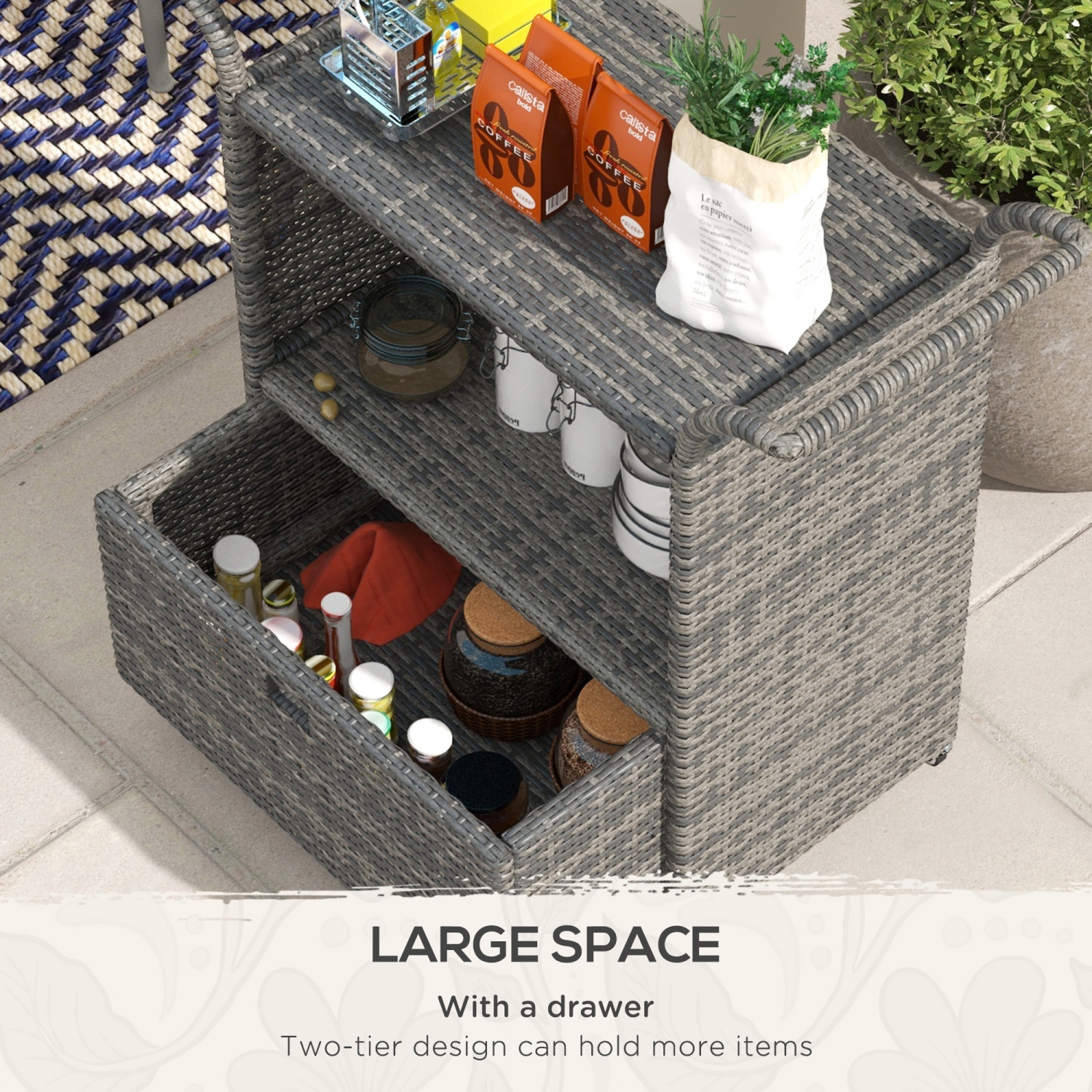 Outsunny Patio PE Wicker Garden Serving Cart with 2-Tier Shelf, Outdoor Wheeled Rattan Food Cart with Drawer, Handles, for Poolside, Garden, Mixed