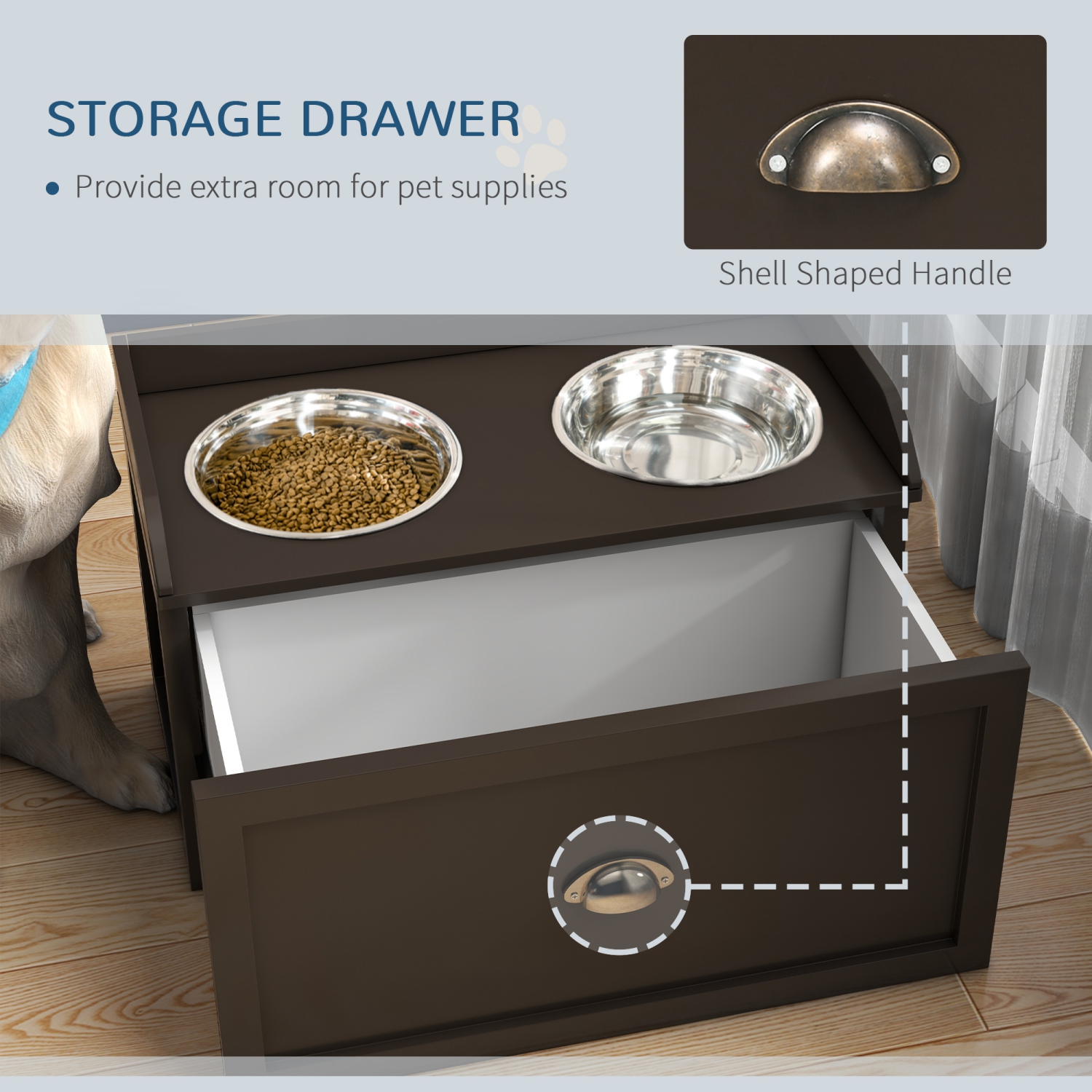 PawHut Large Elevated Dog Bowls with Storage Drawer Containing 21 L Capacity in Brown