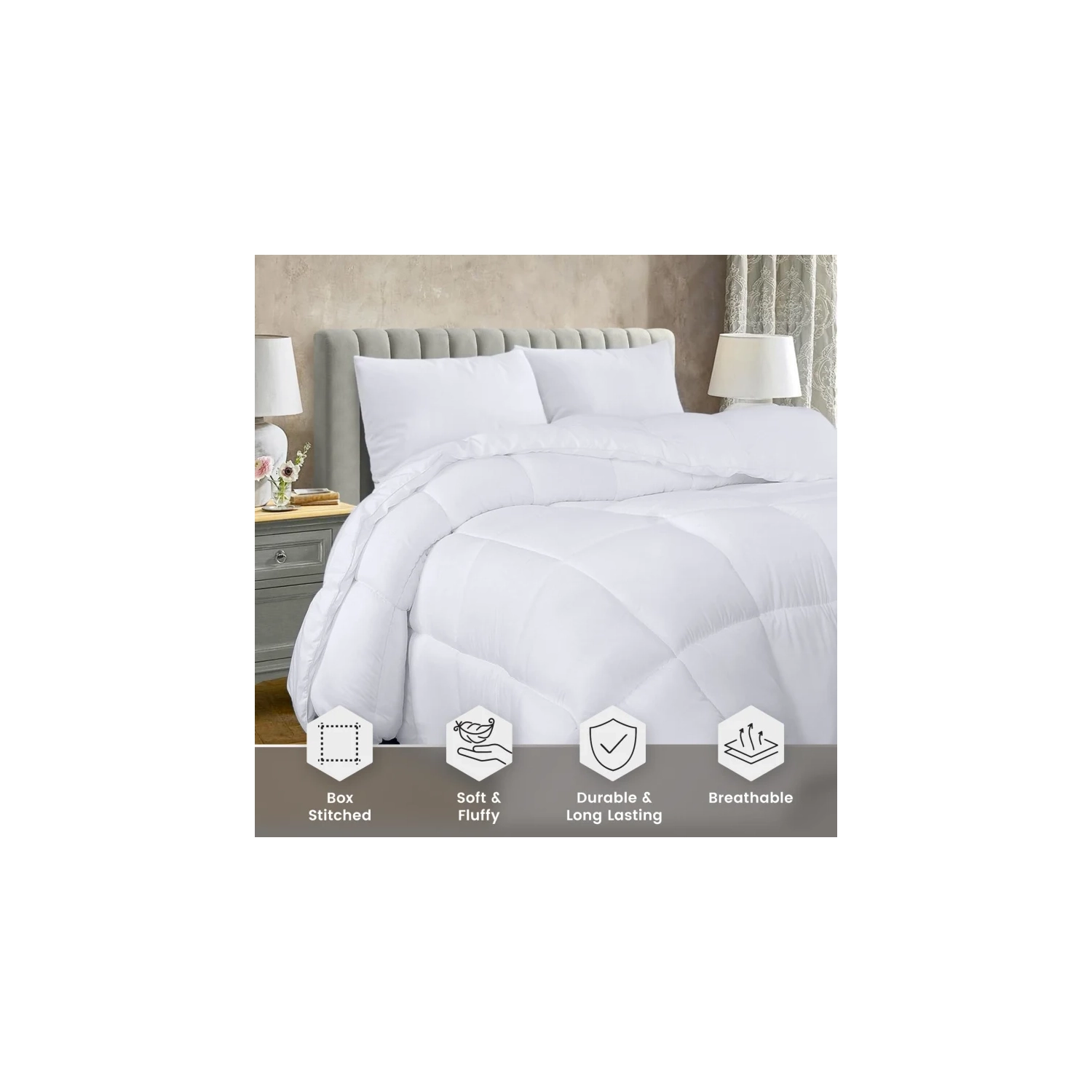 Queen Size White Quilted Comforter Insert - Box Stitched Down Alternative Comforter with Corner Tabs