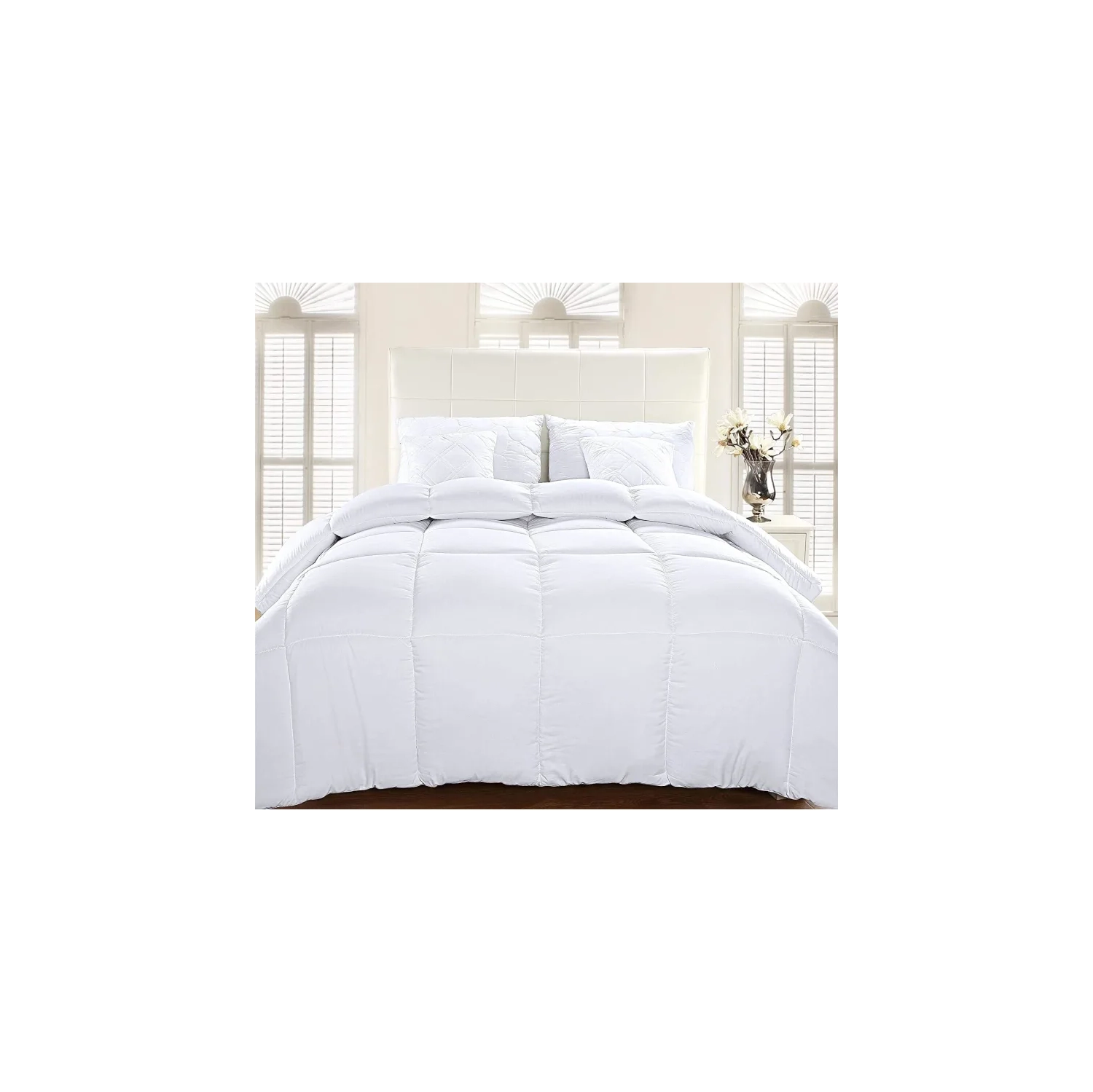 Queen Size White Quilted Comforter Insert - Box Stitched Down Alternative Comforter with Corner Tabs