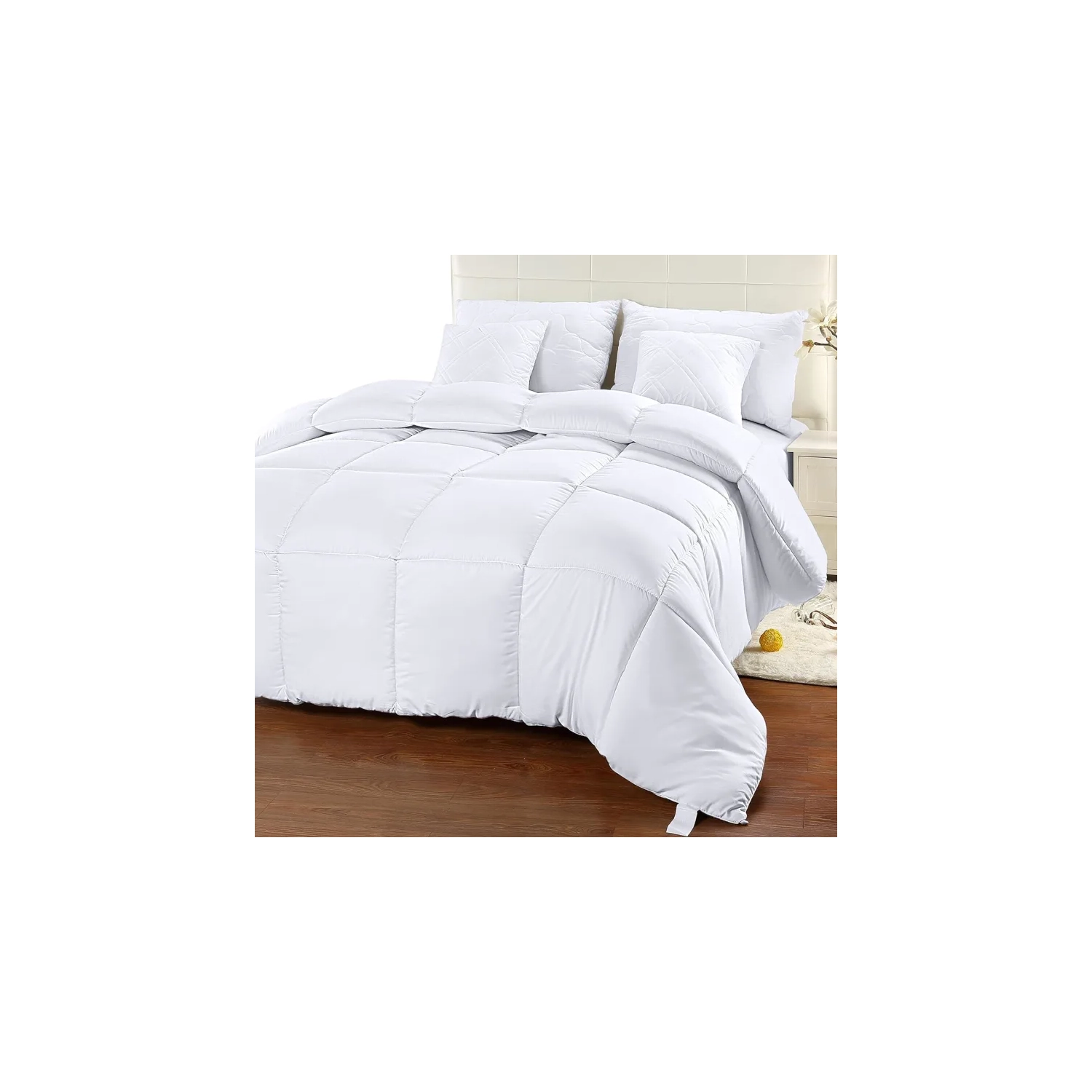 Queen Size White Quilted Comforter Insert - Box Stitched Down Alternative Comforter with Corner Tabs