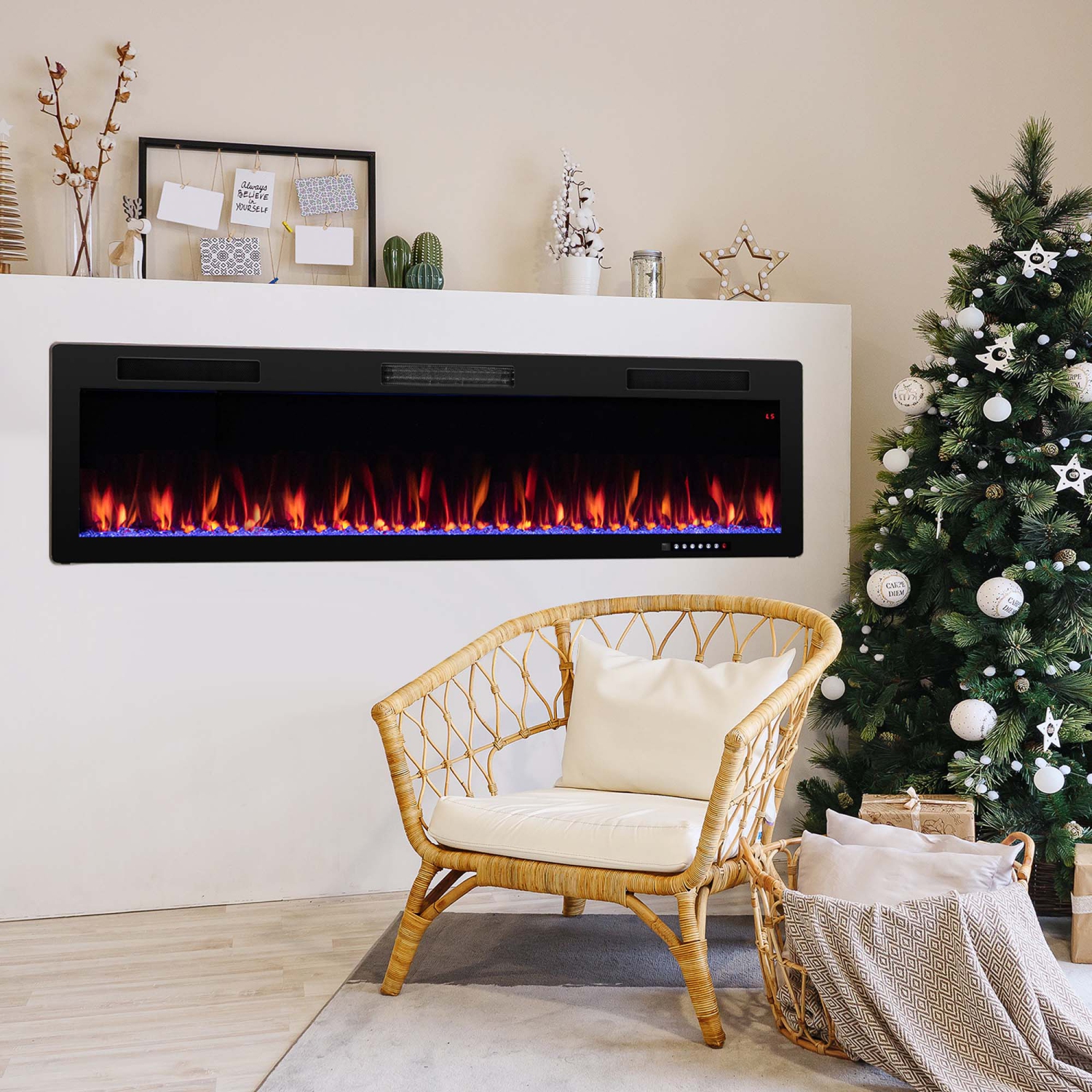 Costway 60" Linear Electric Fireplace 1500W Recessed Wall-Mounted with Multi-Color Flame
