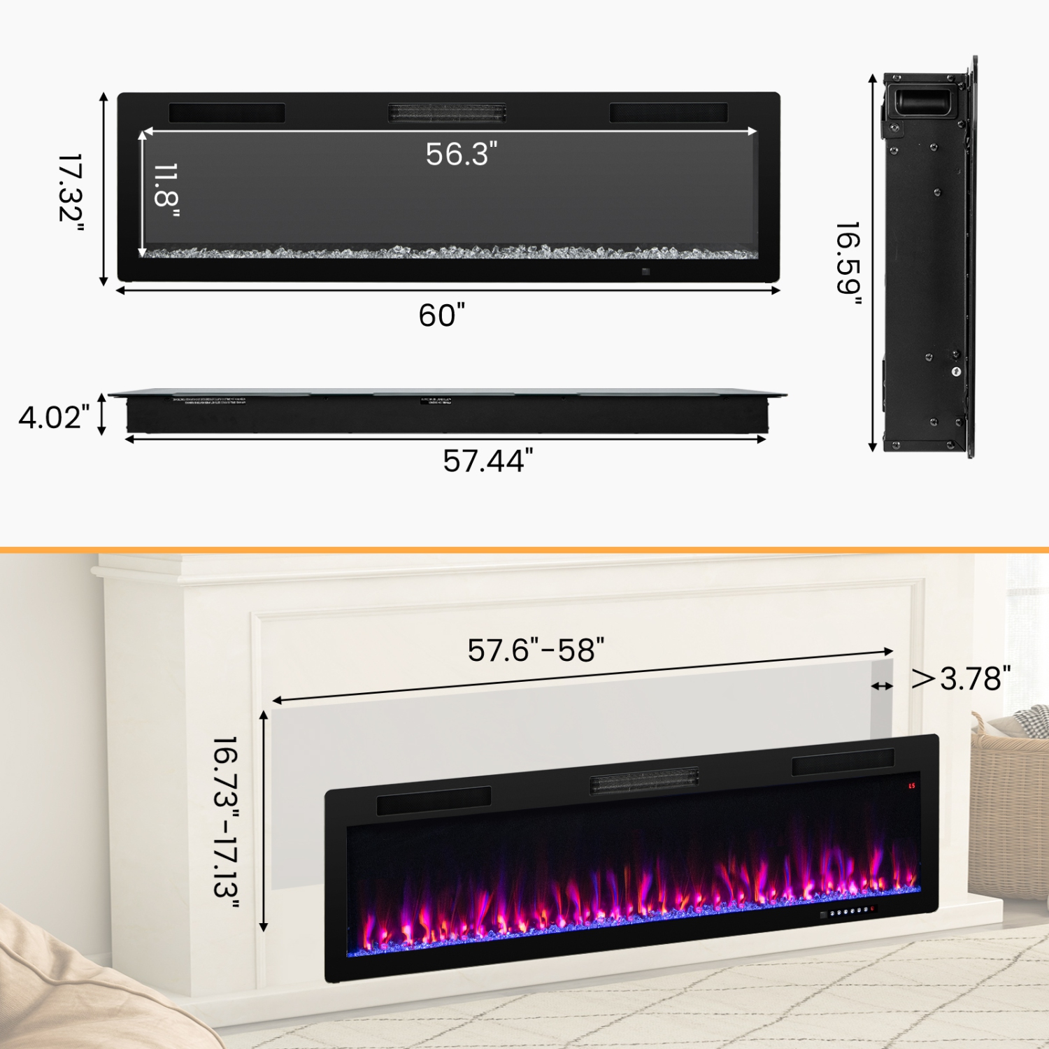 Costway 60" Linear Electric Fireplace 1500W Recessed Wall-Mounted with Multi-Color Flame