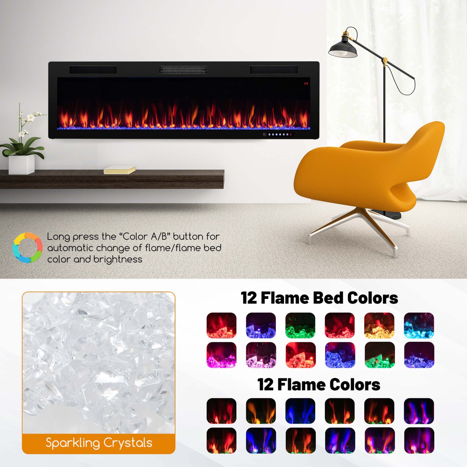 Costway 60" Linear Electric Fireplace 1500W Recessed Wall-Mounted with Multi-Color Flame