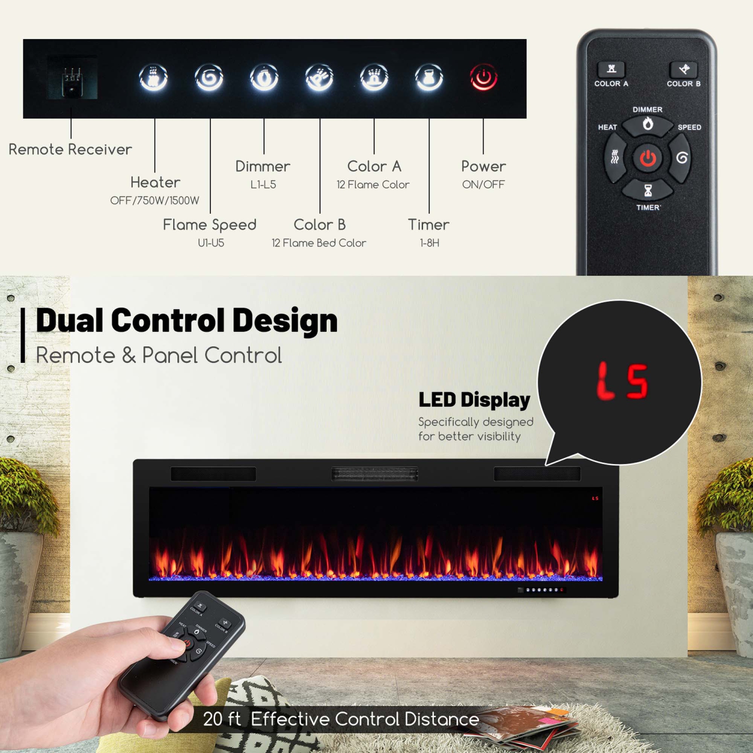 Costway 60" Linear Electric Fireplace 1500W Recessed Wall-Mounted with Multi-Color Flame