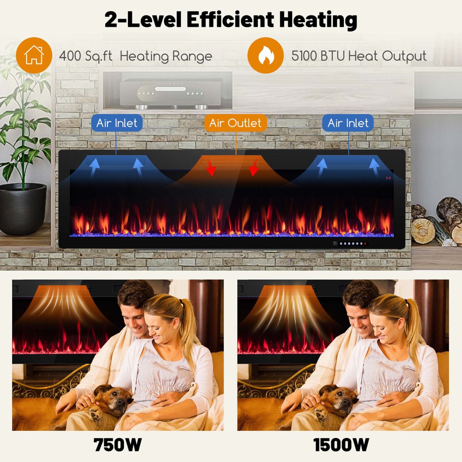 Costway 60" Linear Electric Fireplace 1500W Recessed Wall-Mounted with Multi-Color Flame