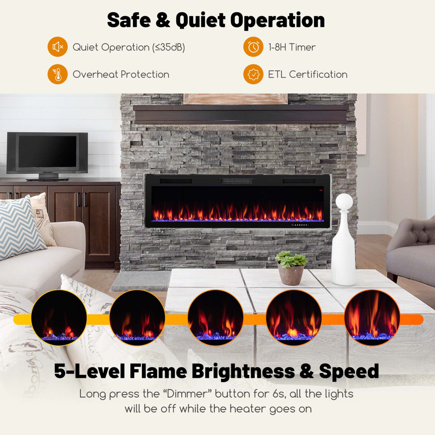 Costway 60" Linear Electric Fireplace 1500W Recessed Wall-Mounted with Multi-Color Flame