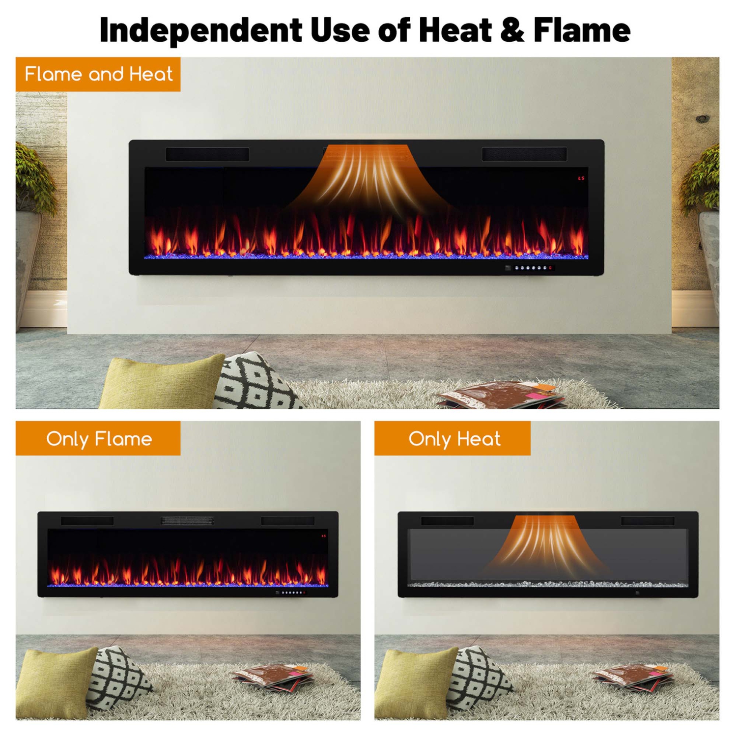 Costway 60" Linear Electric Fireplace 1500W Recessed Wall-Mounted with Multi-Color Flame