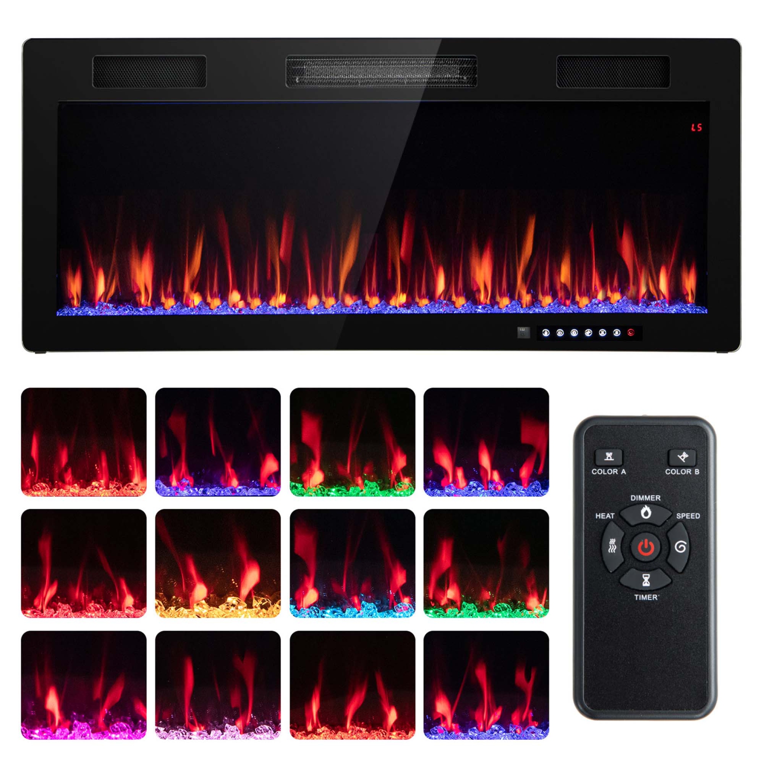 Costway 40" Linear Electric Fireplace 1500W Recessed Wall-Mounted with Multi-Color Flame