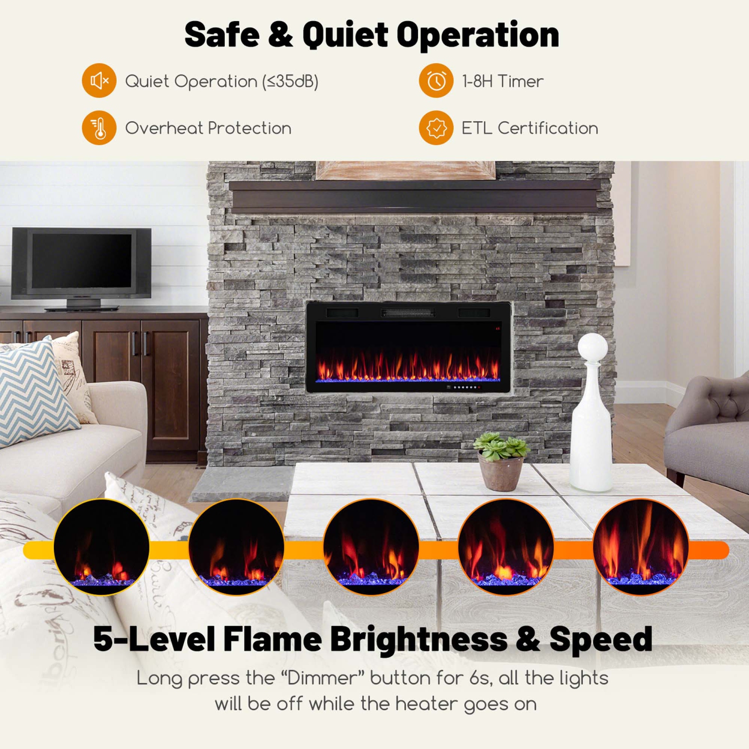 Costway 40" Linear Electric Fireplace 1500W Recessed Wall-Mounted with Multi-Color Flame