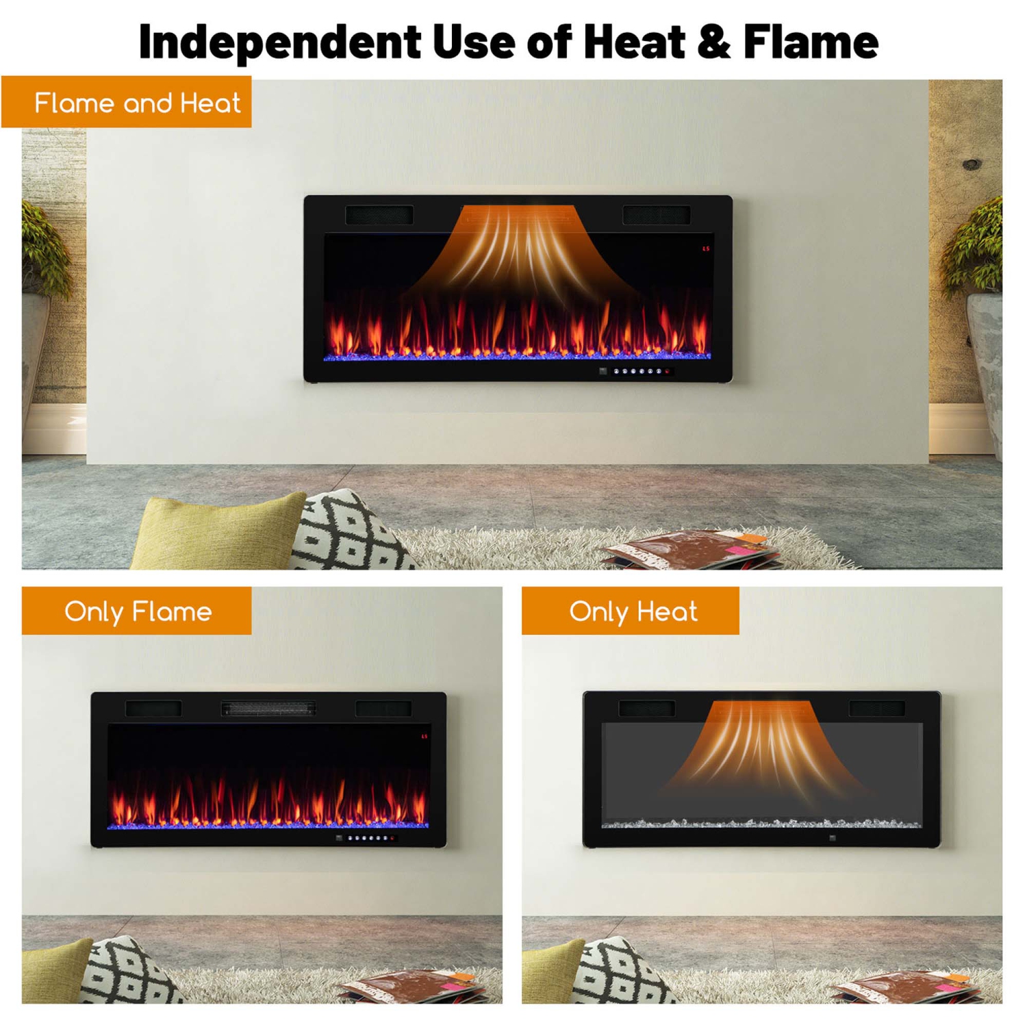 Costway 40" Linear Electric Fireplace 1500W Recessed Wall-Mounted with Multi-Color Flame