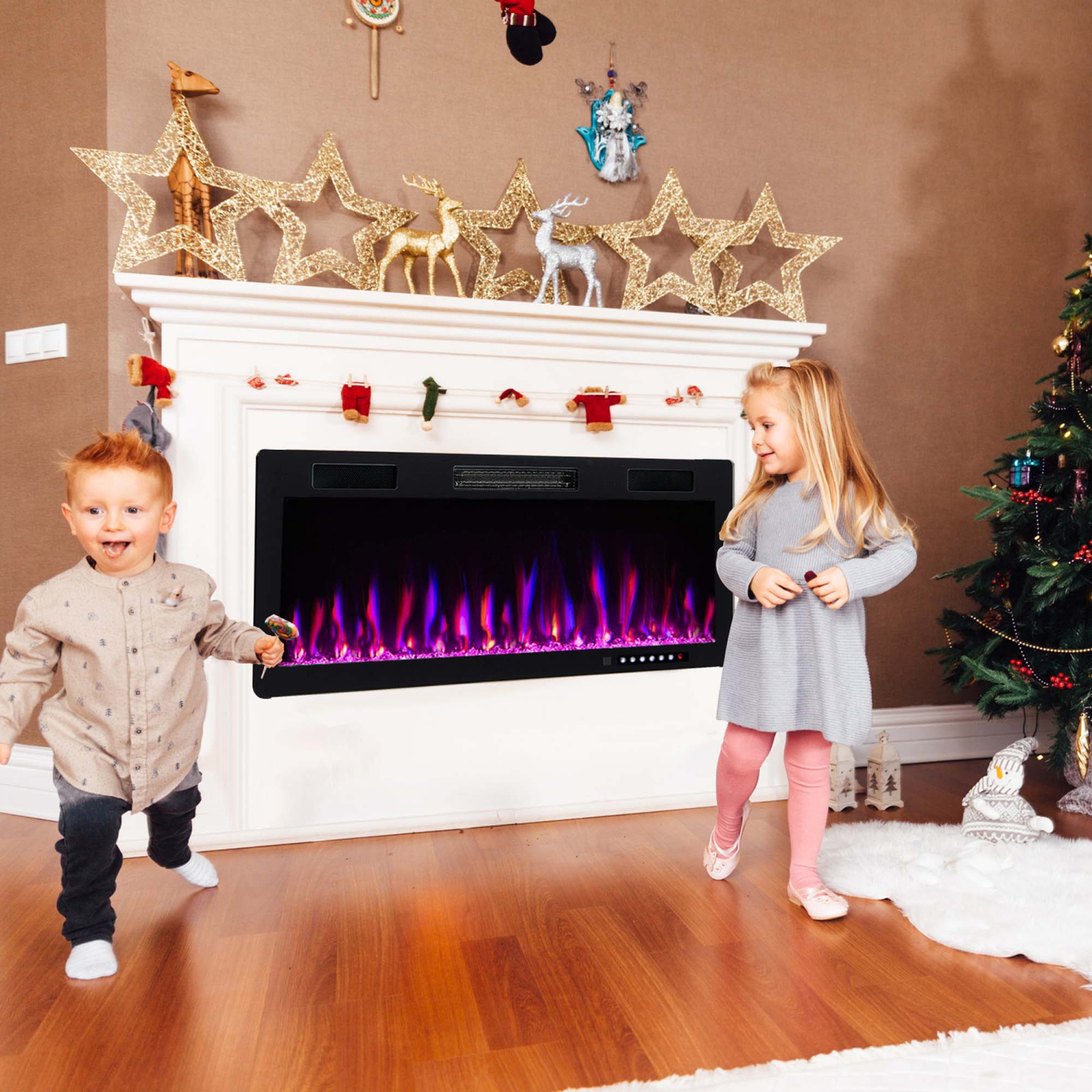 Costway 50" Linear Electric Fireplace 1500W Recessed Wall-Mounted with Multi-Color Flame