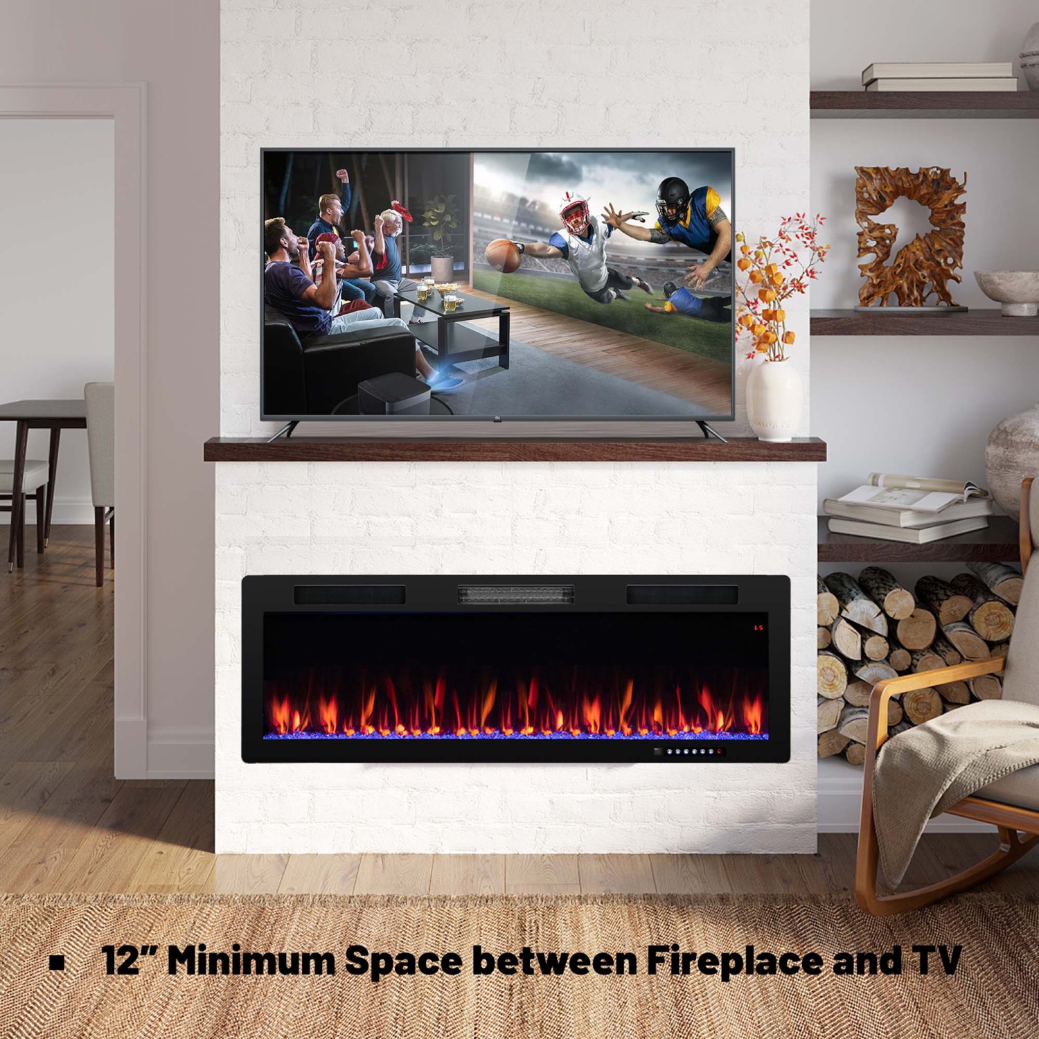 Costway 50" Linear Electric Fireplace 1500W Recessed Wall-Mounted with Multi-Color Flame