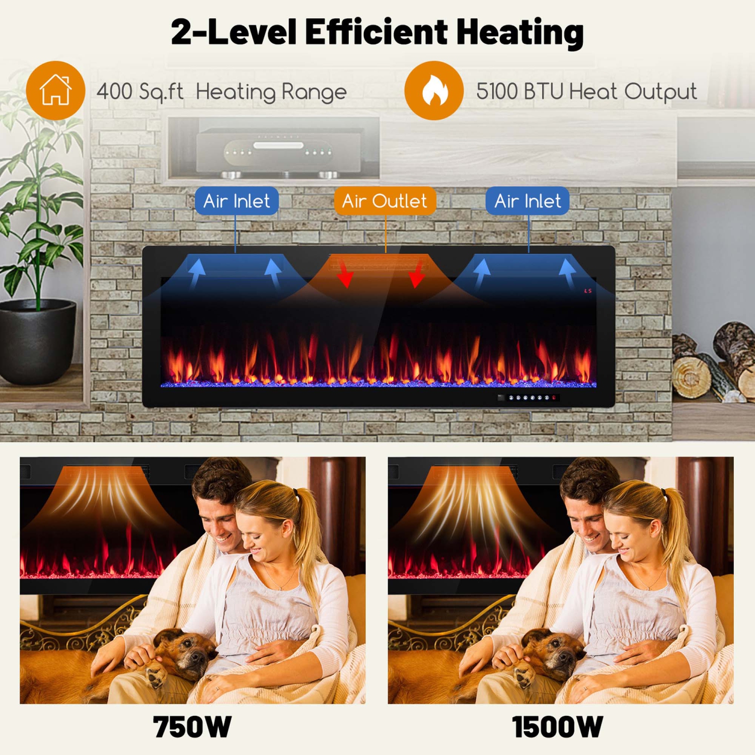 Costway 50" Linear Electric Fireplace 1500W Recessed Wall-Mounted with Multi-Color Flame