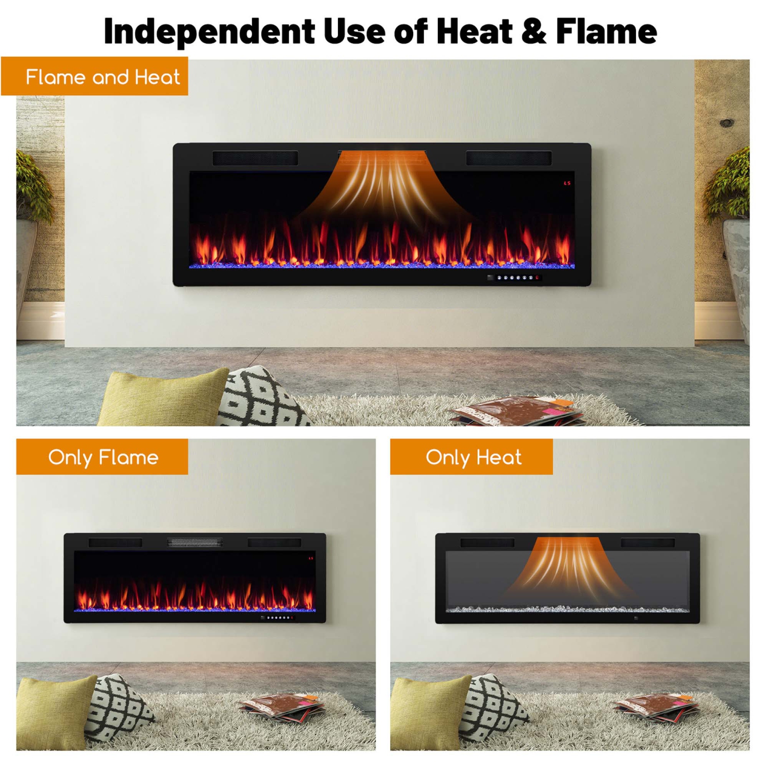 Costway 50" Linear Electric Fireplace 1500W Recessed Wall-Mounted with Multi-Color Flame