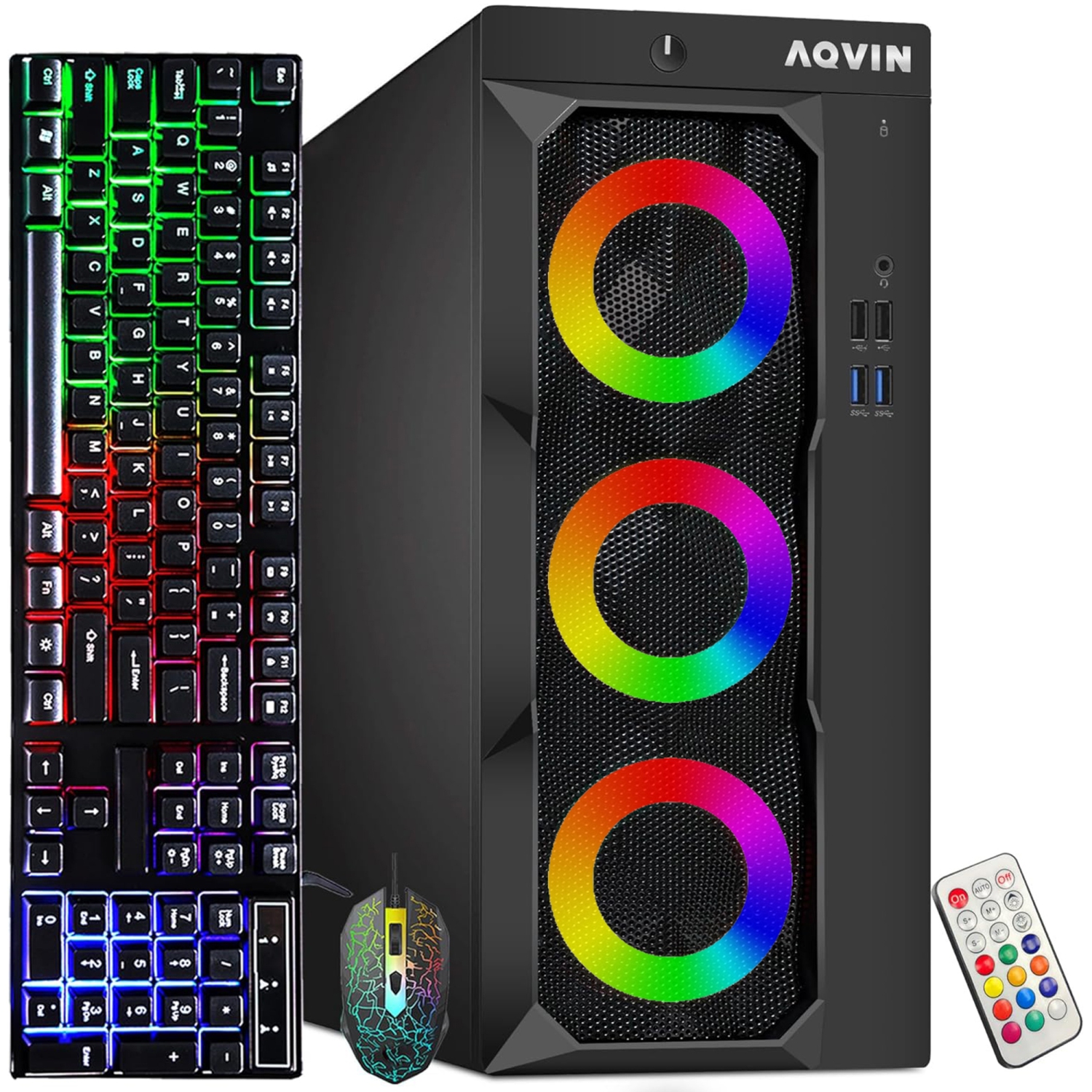 Refurbished (Excellent) - AQVIN LuminaRings Gaming Desktop Computer Tower PC, GeForce GTX 1050Ti, Intel Core i7 CPU, 32GB DDR4 RAM, New 2TB SSD, WIN 10 Pro, RGB Keyboard and Mouse