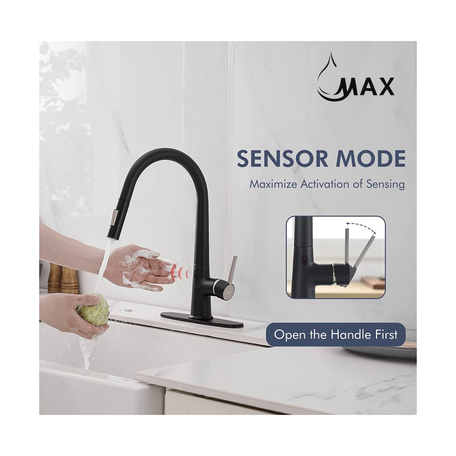 MAX Faucets Smart Touch-Less Kitchen Faucet Single Handle Pull-Out 16 Inches Matte Black, Brushed Nickel Finish