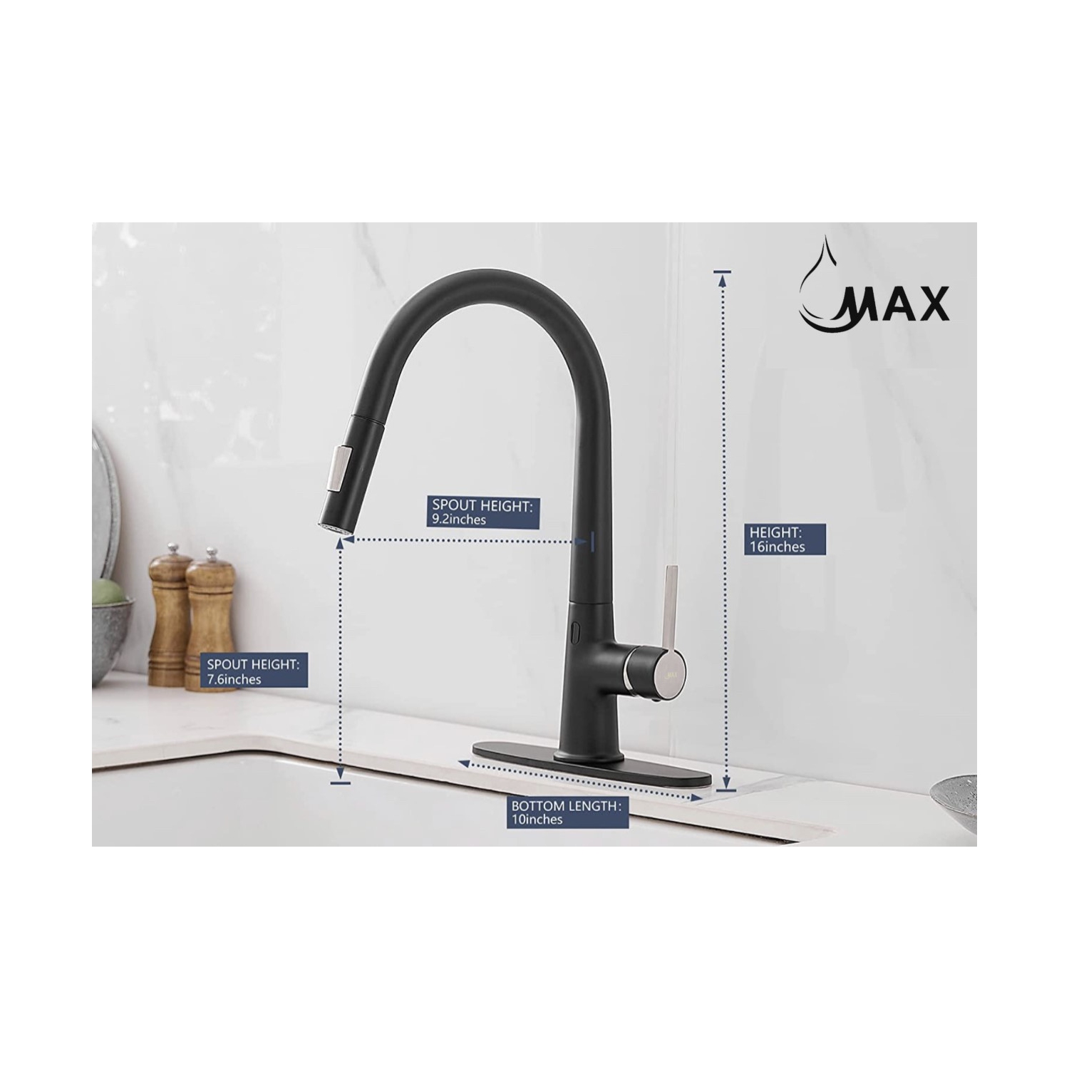 MAX Faucets Smart Touch-Less Kitchen Faucet Single Handle Pull-Out 16 Inches Matte Black, Brushed Nickel Finish