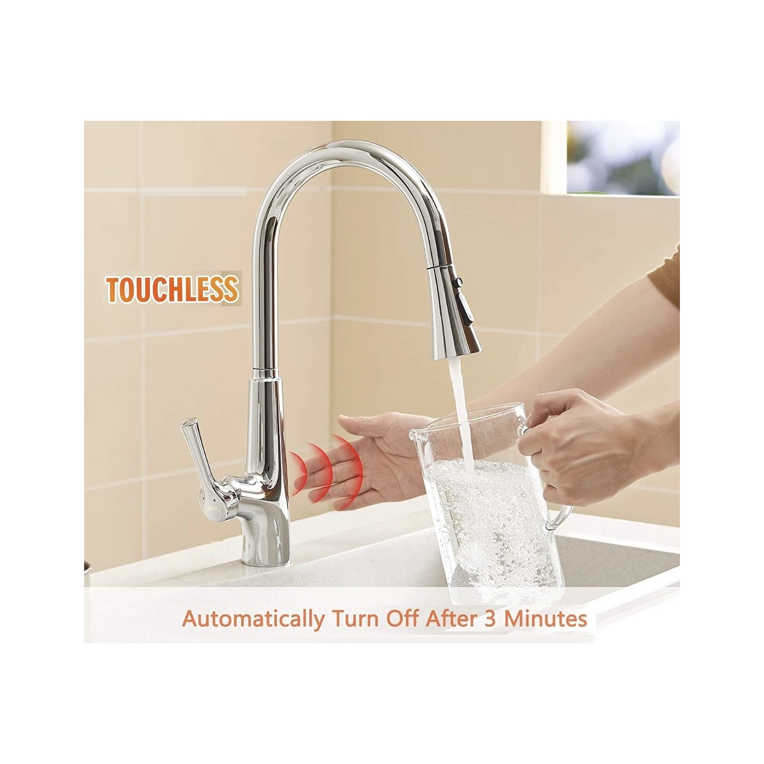 MAX Faucets Smart Touchless Kitchen Faucet Single Handle Pull-Out 18" Sleekly Classic Chrome Finish