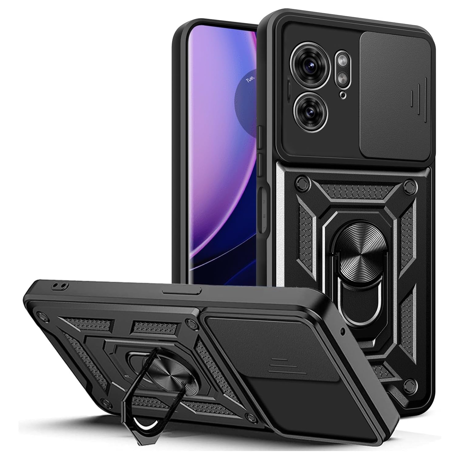 Pour l'étui Edge 2023 de Motorola, la béquille de Ring en TPUR de qualité militaire et l'étui protecteur hybride robuste avec couvercle coulissant